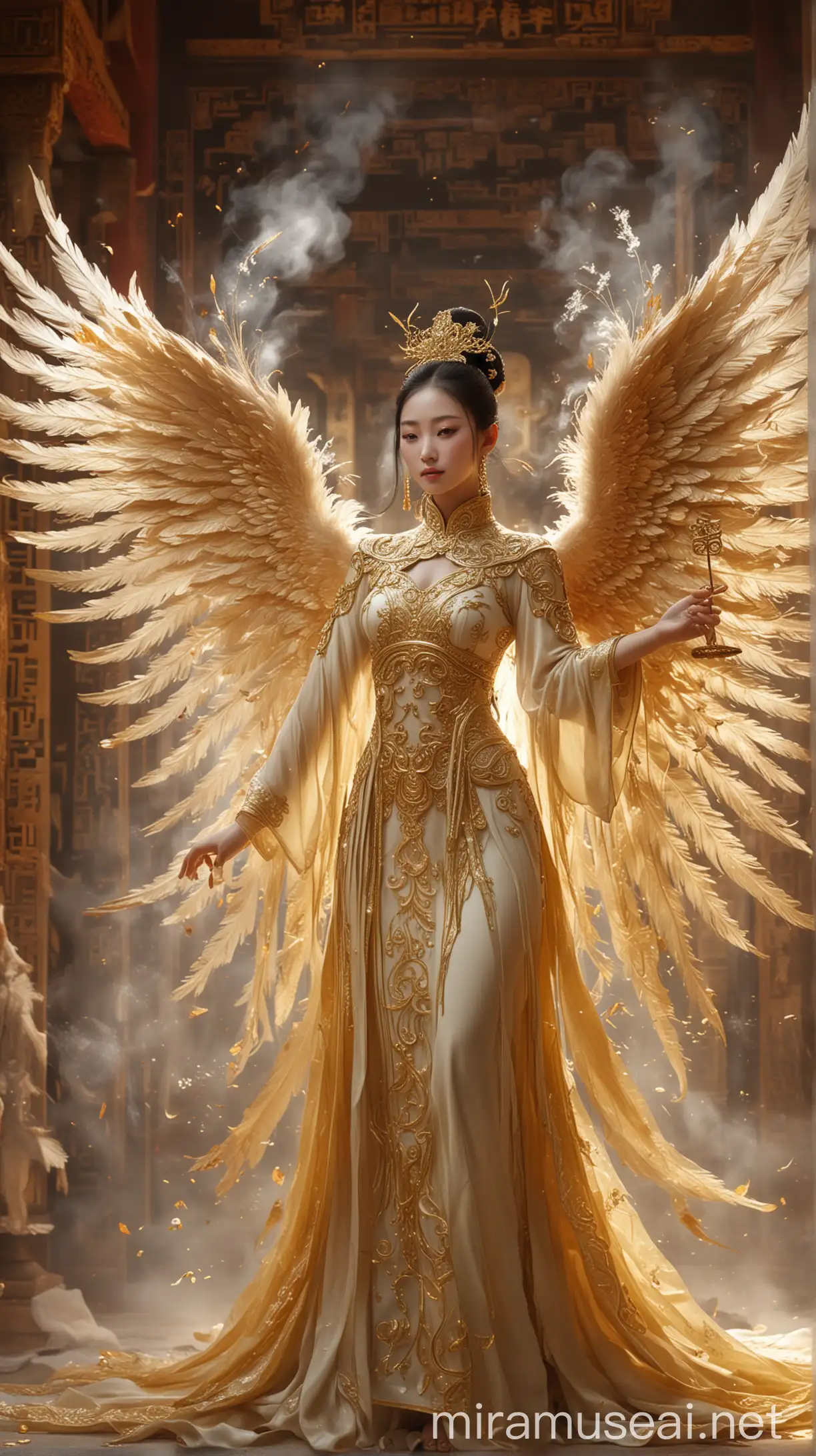 Oriental Myth, Chinese dream Dunong Huang Feitian, HD CG, Phoenix, cloud, golden Chinese palace, flame, HD, exquisite, crystal noble and gorgeous Tulle light clothes, behind which are a pair of translucent and gorgeous white wings, soft golden light, golden flying feather, golden feather, mystery, gem, smoke, film HD, many details, surrealism, magic, u fantasy engine, lighting HD --ar 9:16