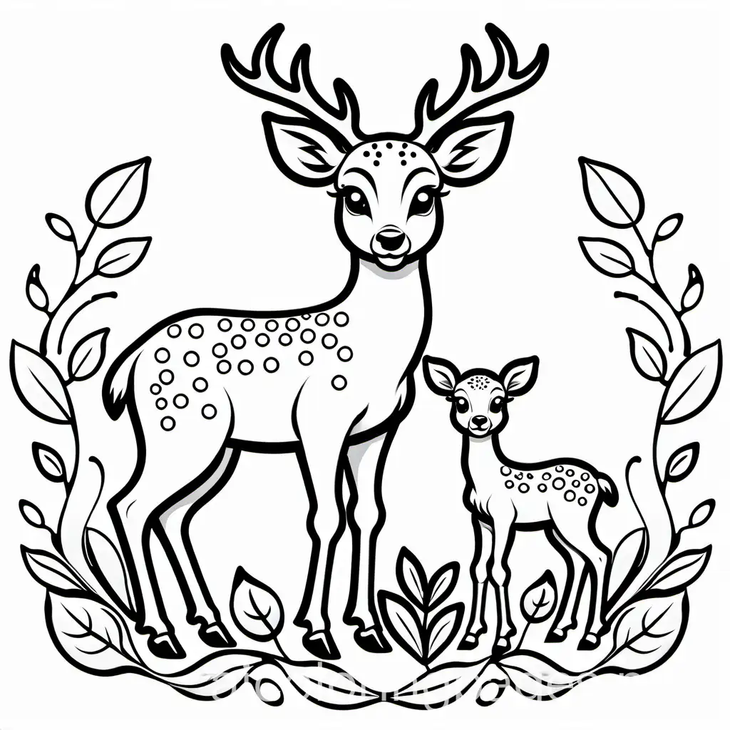 Smile mother deer takes care of baby deer
No background , Coloring Page, black and white, line art, white background, Simplicity, Ample White Space. The background of the coloring page is plain white to make it easy for young children to color within the lines. The outlines of all the subjects are easy to distinguish, making it simple for kids to color without too much difficulty
