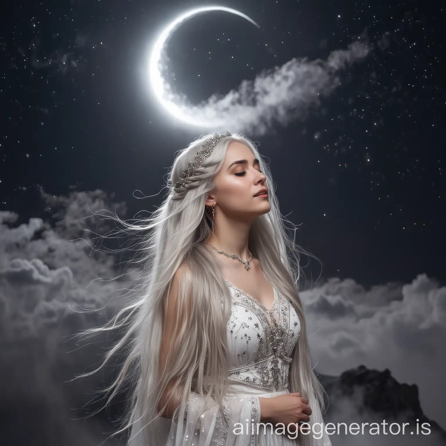woman body, visible navel and shoulders, standing under bright crescent moon, tiara, long braids, stars, clouds in the dark sky, very long white hair, fog, steam, montains in background, close view