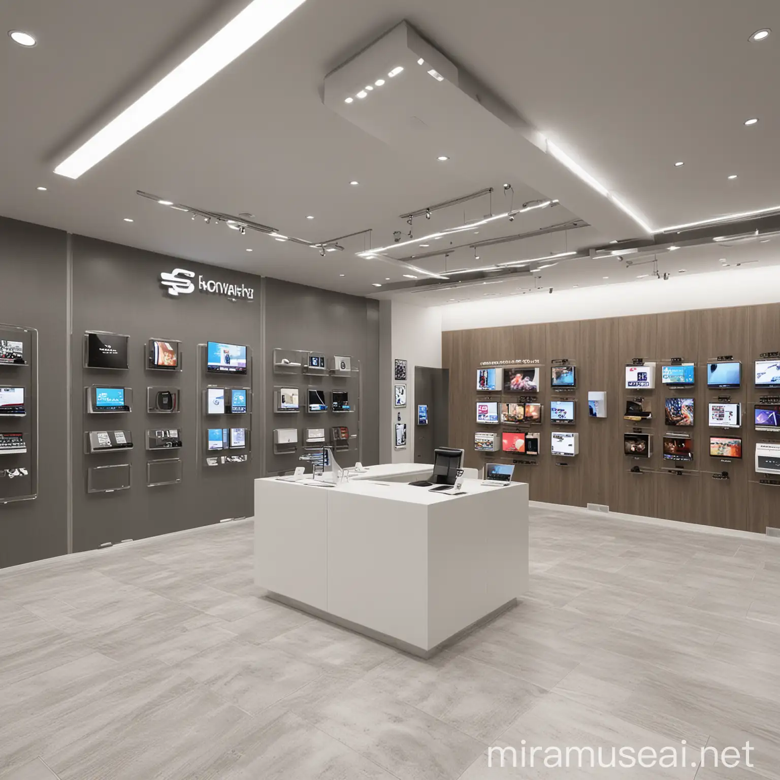 please create an interior design views  for a modern mobile phone showroom spanning 200 sqft. The showroom will showcase a diverse range of mobile phones, earphones, and smartwatches from various brands. Create an inviting and dynamic environment that highlights the latest technology trends while ensuring each product category receives adequate attention. Incorporate innovative display solutions, interactive product demonstrations, and designated areas for customer consultations. The showroom should reflect a contemporary aesthetic, with sleek finishes and technology-integrated features that enhance the overall shopping experience. Consider the flow of traffic, branding elements, and seamless integration of digital and physical retail experiences within the space.
