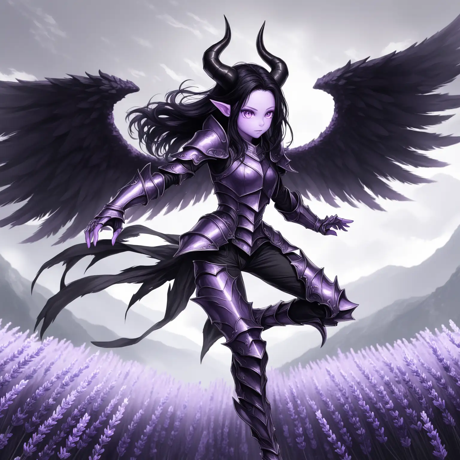 girl, purple eyes, long jet black hair, small pointed ears, adventurer's armor, black pants, lavender skin, black horns, dynamic pose, black wings