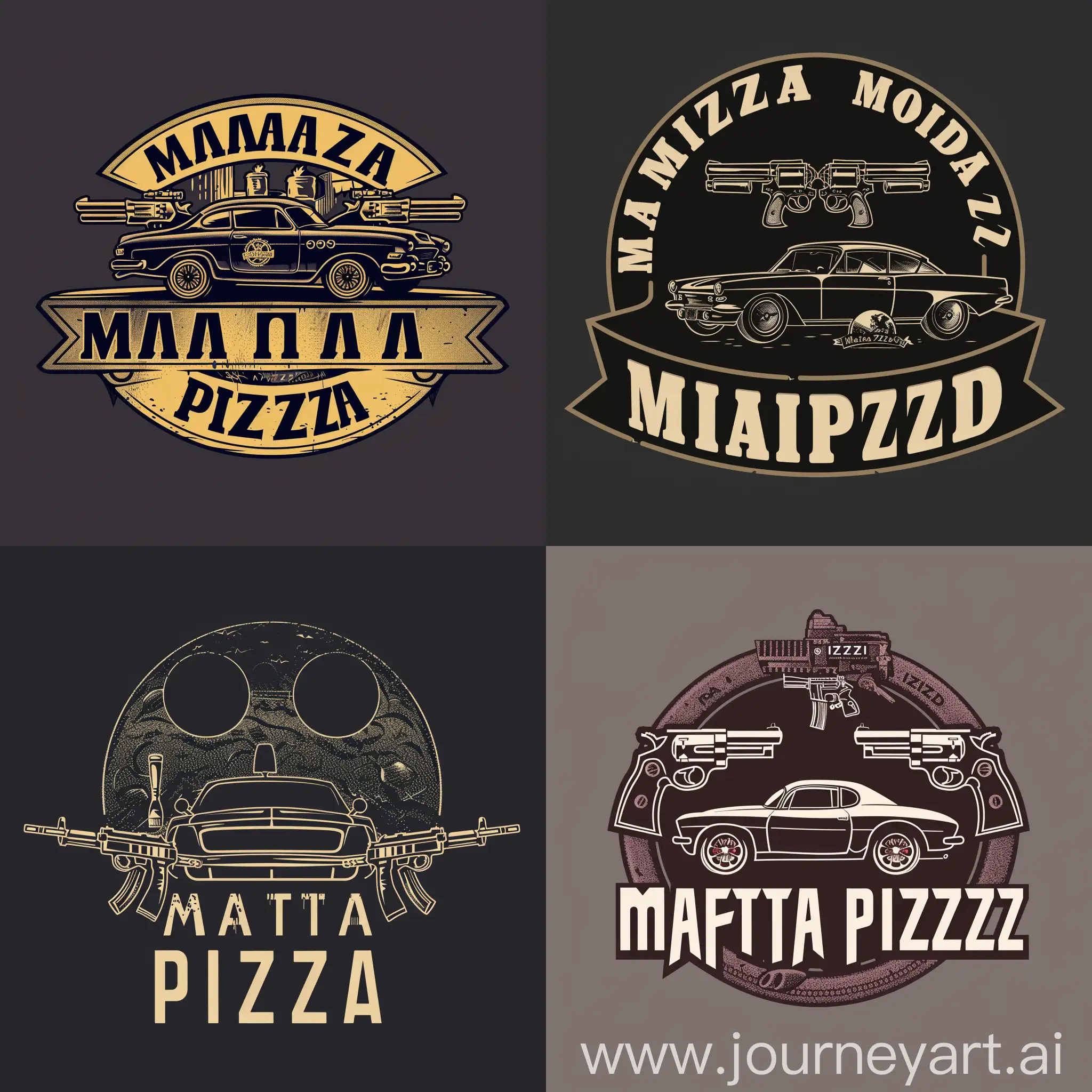 логотип для пиццерии в стиле мафии с названием Pasta Pizza с двумя двухствольными ружьями и мафиозным автомобилем