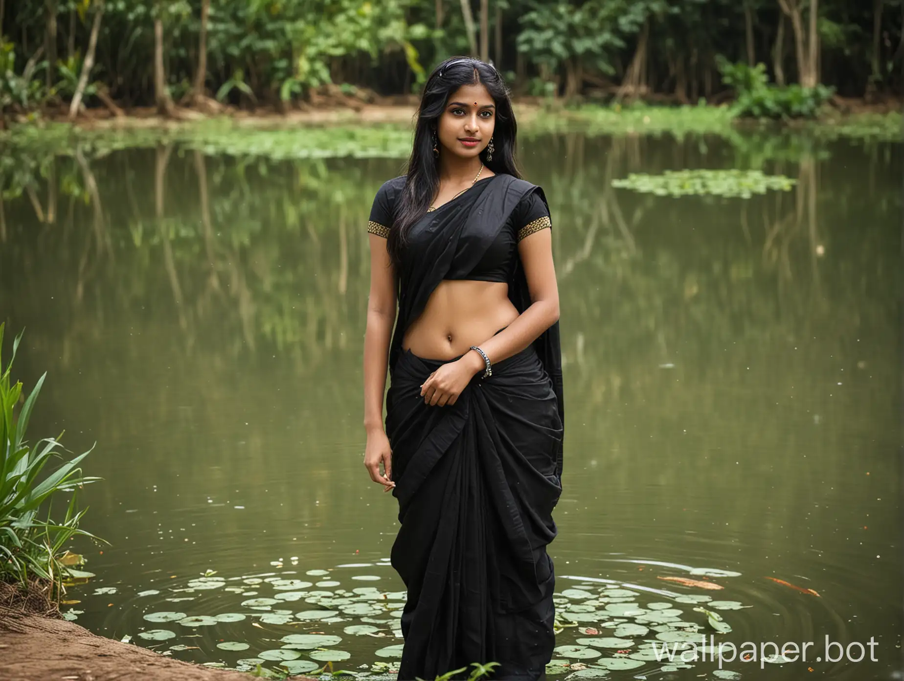 create a wallpaper of a kerala girl wearing a black sari and showing navel of her. the background should a pond and it should be in blur mode and feels like the image is taken from a dslr camera.