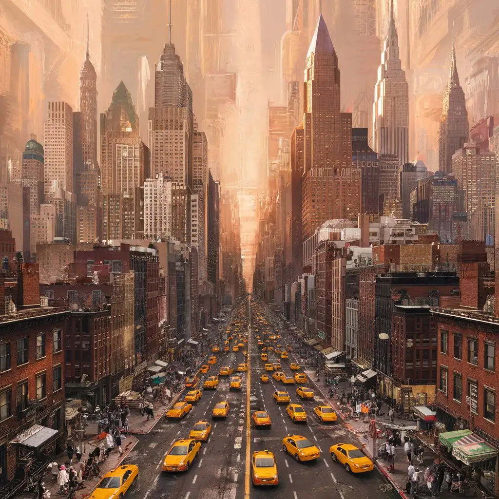 A vibrant cityscape of New York with taxis and bustling streets.