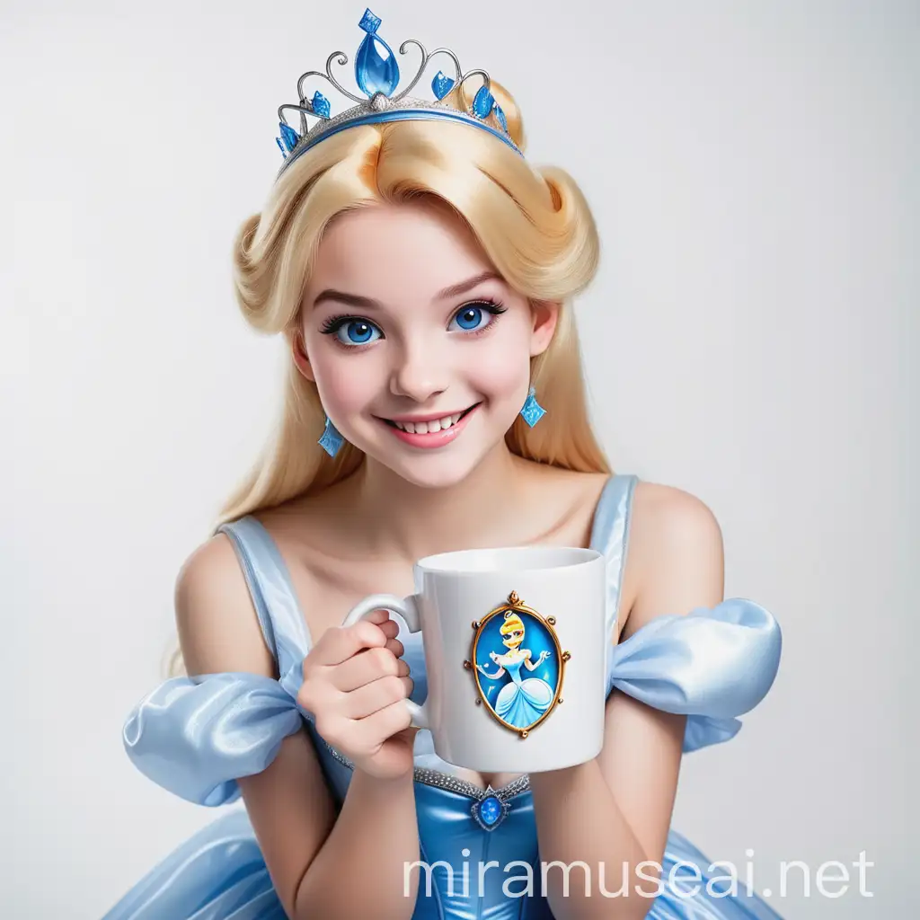 beautiful girl cosplay Disney princess Cinderella smiling with a square white mug on a white background