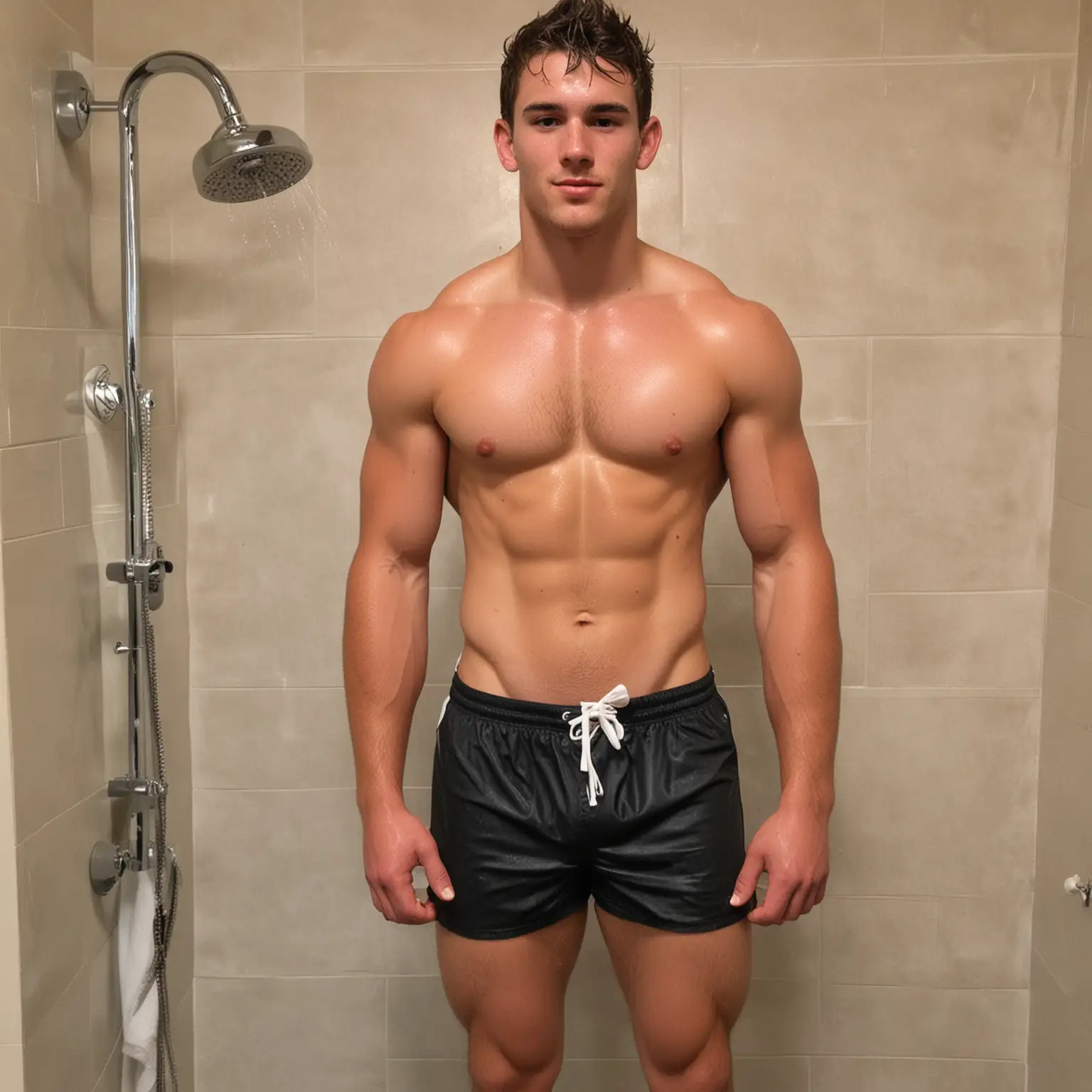 Athletic Football Jock Showering with Friends After Practice