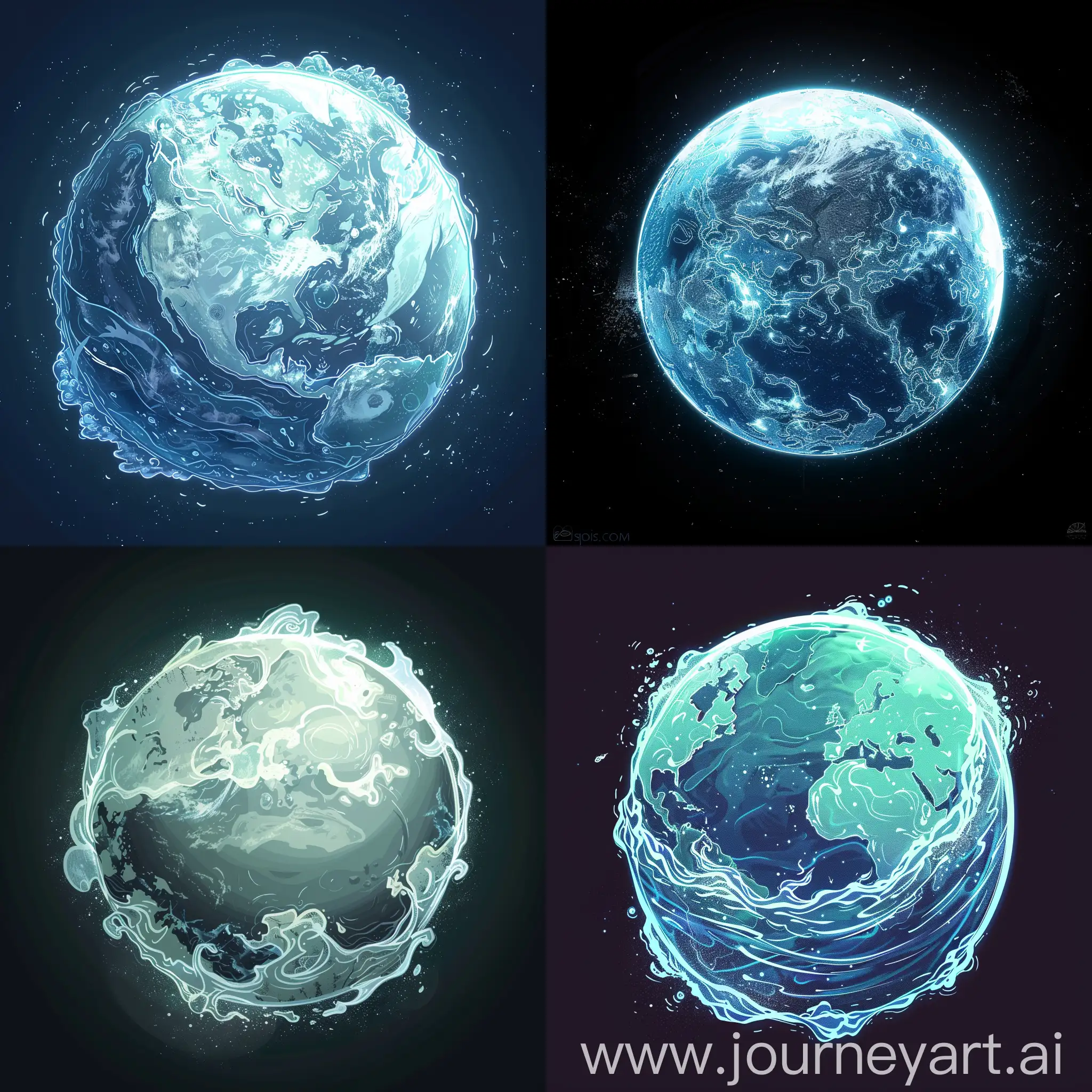 A planet completely covered with water and earth with a light outline and super anime style