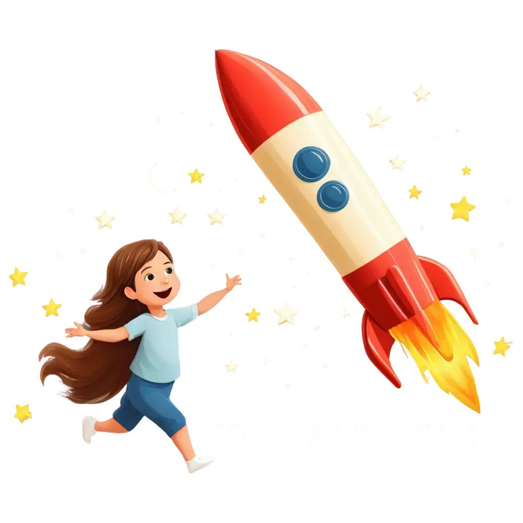 cute cartoon child ride on rocket go to moon. caption : Big Dream. 
