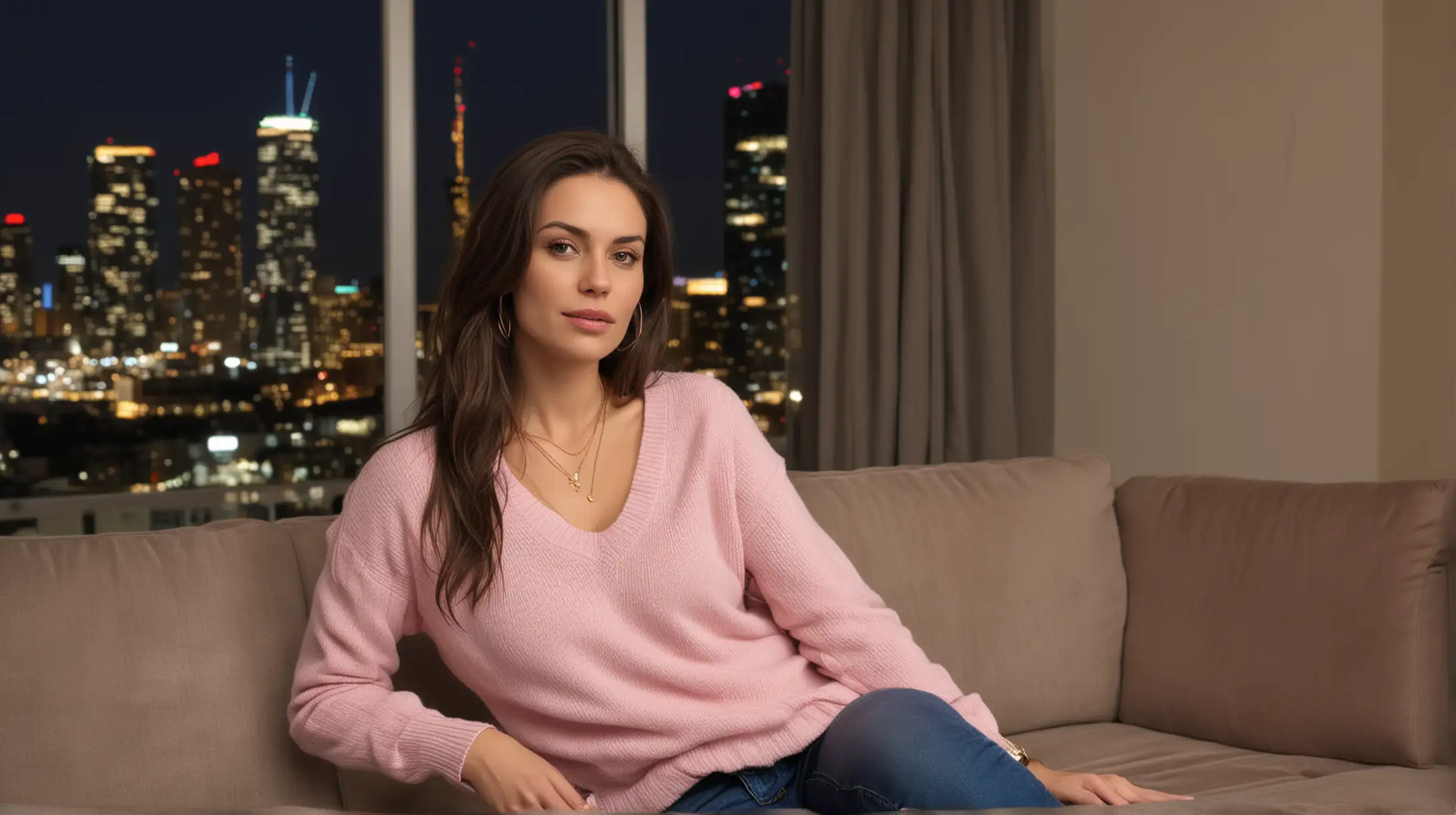 30 year old white woman with long dark brown hair and gold necklace, unbuttoned pink sweater, blue jeans, sitting on a couch, modern apartment at night, urban high rise background