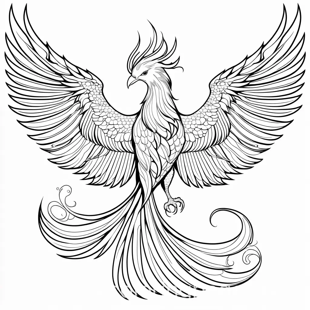 mythological creature Phoenix, Coloring Page, black and white, line art, white background, Simplicity, Ample White Space. The background of the coloring page is plain white to make it easy for young children to color within the lines. The outlines of all the subjects are easy to distinguish, making it simple for kids to color without too much difficulty
