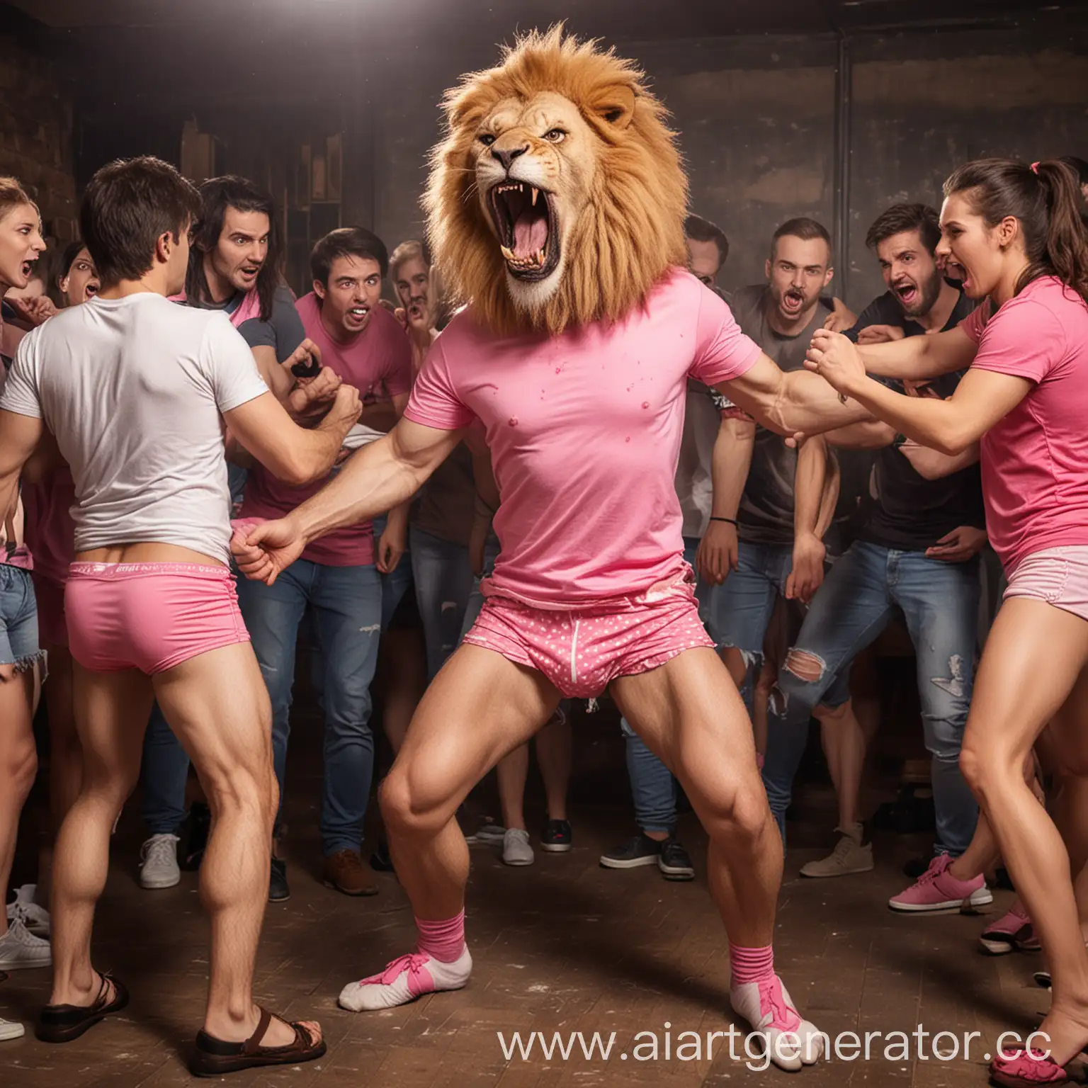 злой человек-лев одетый в кепку розовые трусы и майку устраивает драку в клубе