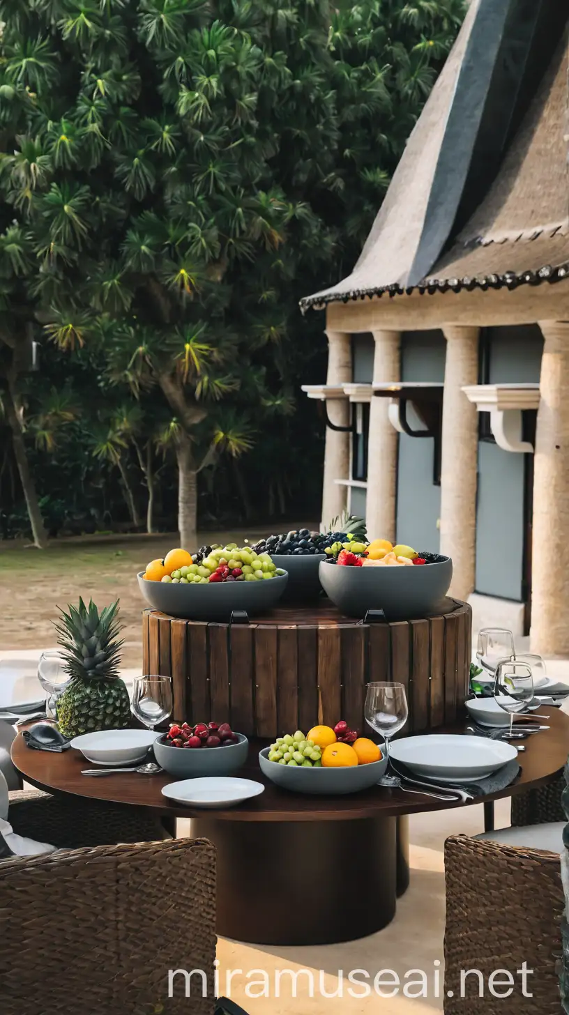 Add fruits and meat platter on the round table. Keep the rest of the picture the same.