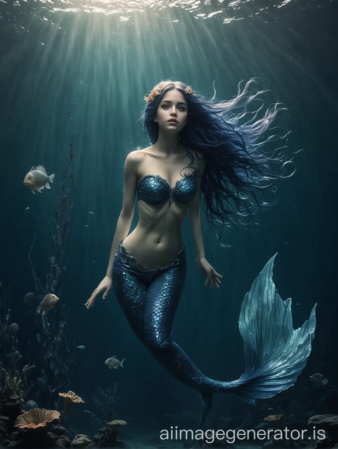 mermaid princess with tail color dark blue swimming at the bottom of the sea with sadness