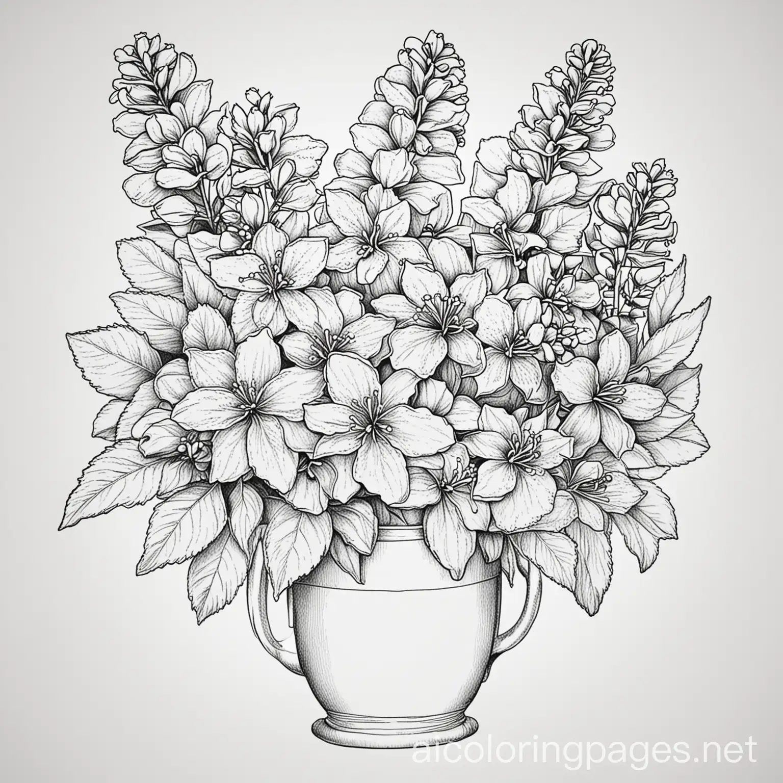 lilacs, Coloring Page, black and white, line art, white background, Simplicity, Ample White Space. The background of the coloring page is plain white to make it easy for young children to color within the lines. The outlines of all the subjects are easy to distinguish, making it simple for kids to color without too much difficulty