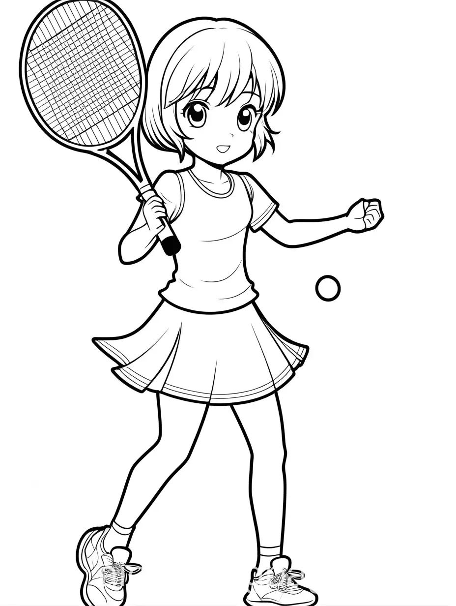 Cute anime girl, playing tennis, coloring page, black and white, line art, white background, simplicity, ample white spaces. The background of the coloring page is plain white to make it easy for young children. The outlines of all subjects are easy to distinguish, making it simple for kids to color without too much difficulty., Coloring Page, black and white, line art, white background, Simplicity, Ample White Space. The background of the coloring page is plain white to make it easy for young children to color within the lines. The outlines of all the subjects are easy to distinguish, making it simple for kids to color without too much difficulty