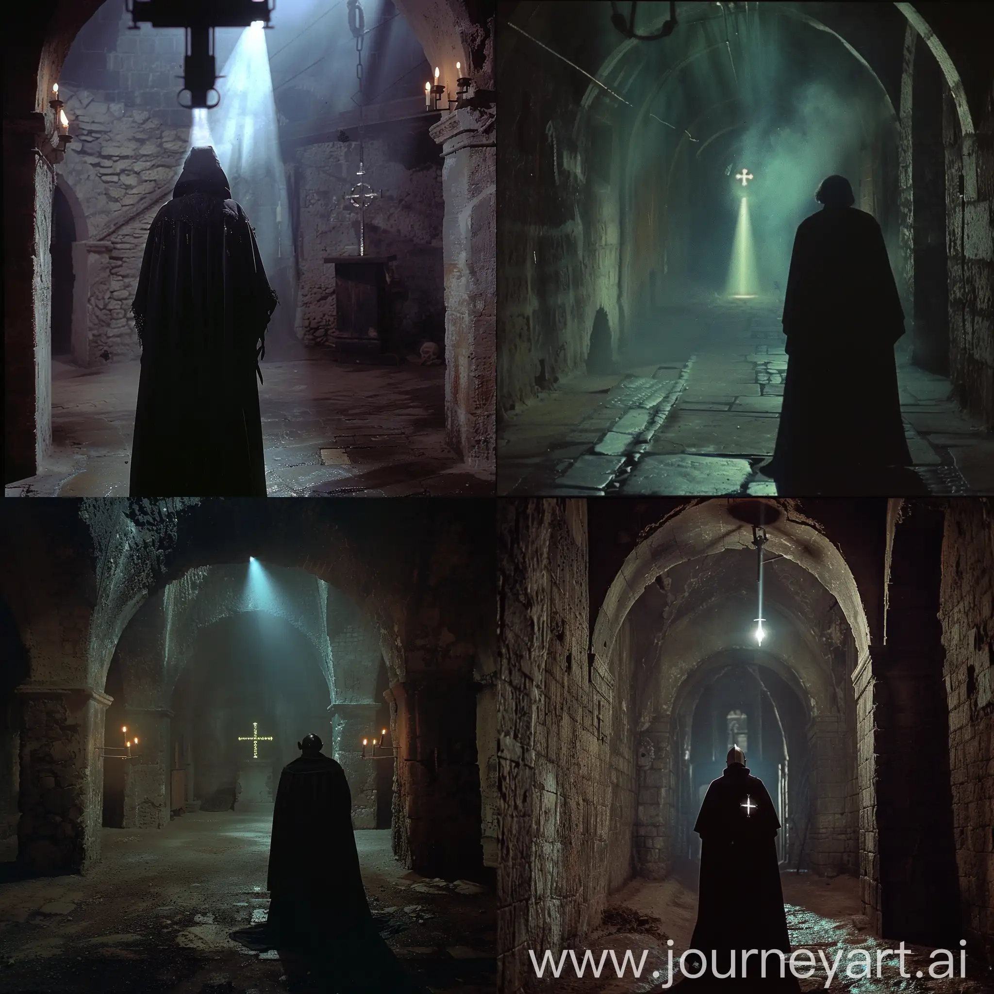 DVD screengrabs Inquisitor in a black cassock with a cross, behind which magic light stands in the middle of the dungeon as dark fantasy 1980