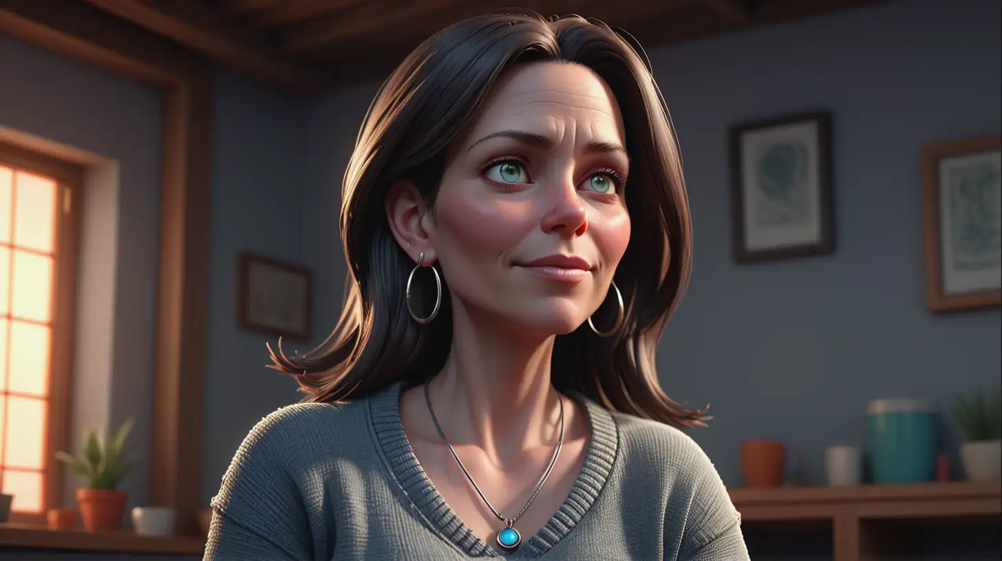 Highly detailed, fantastical style animation with vibrant colors and dramatic, soft lighting, of a 45-year-old woman named Sarah. She has an average build, is 5'6" tall, with dark brown, shoulder-length, straight hair, an oval-shaped face and a light complexion. She is wearing casual, comfortable attire including a light grey sweater and jeans, small earrings and a pendant necklace. Her expression is warm, friendly, and approachable. Sarah is sitting comfortably meditating with her eyes closed and a gentle smile..