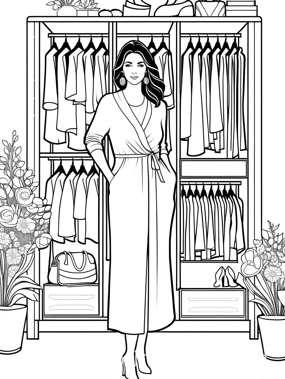 Depict a mother surrounded by her impressive wardrobe, filled with stylish clothing, shoes, and accessories. Show her meticulously planning her outfits for the week ahead, exuding confidence and sophistication., Coloring Page, black and white, line art, white background, Simplicity, Ample White Space.