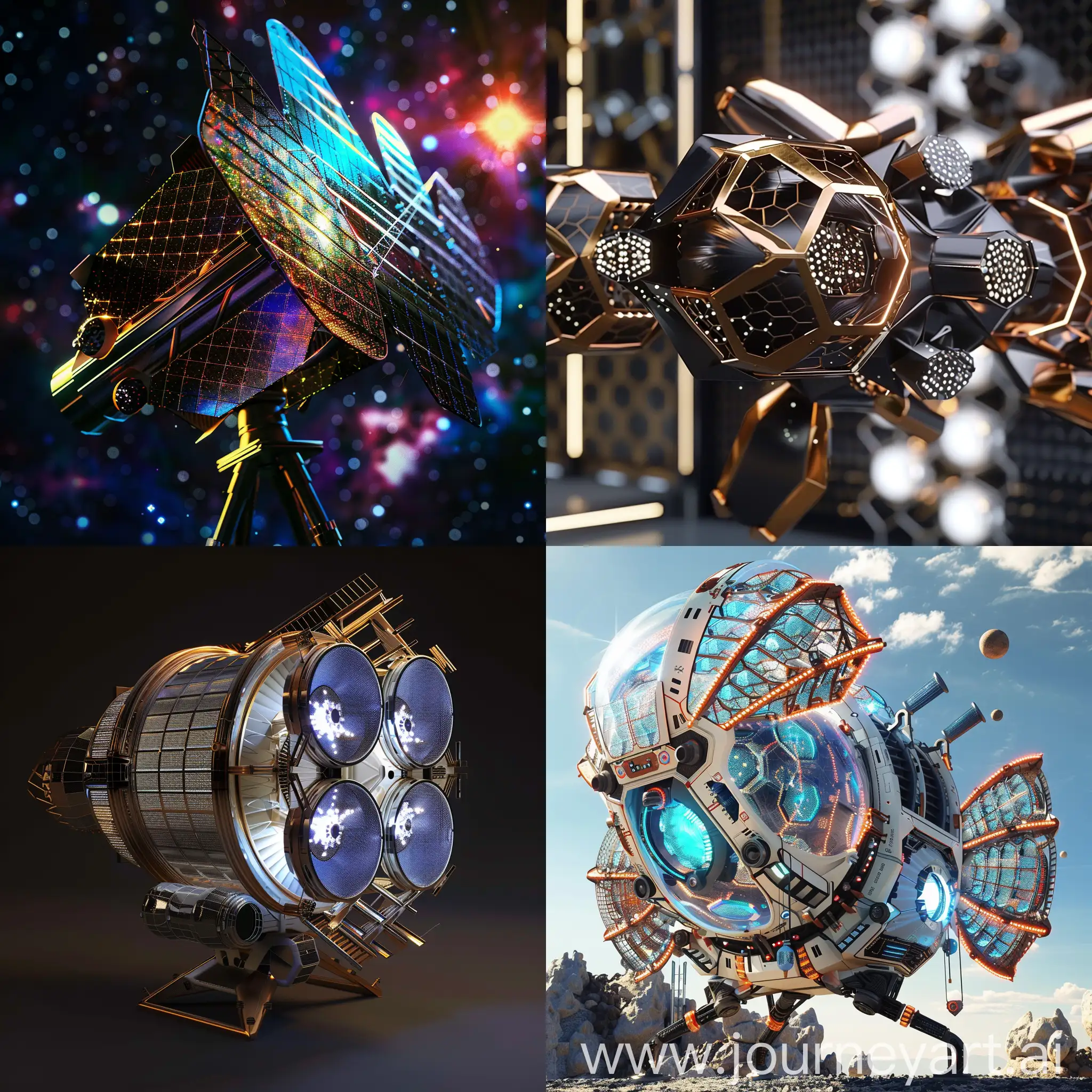 Futuristic space telescope, Modular Assembly, Nano-Material Coatings, AI-Driven Calibration Systems, Energy-Harvesting Surfaces, Holographic Interfaces, Bio-Inspired Designs, Smart Dust Sensors, Quantum Communication Systems, Shape-Memory Alloys, Virtual Reality Maintenance, Aerodynamic Sculpture, Interactive Light Display, Kinetic Skin, Robotic Arms, Thermal Regulation Fins, Magnetic Field Generators, Variable Geometry Panels, Nano-Textured Surfaces, Holographic Identification Markings, Vibration Dampening Core, futurism, in unreal engine 5 style --stylize 1000