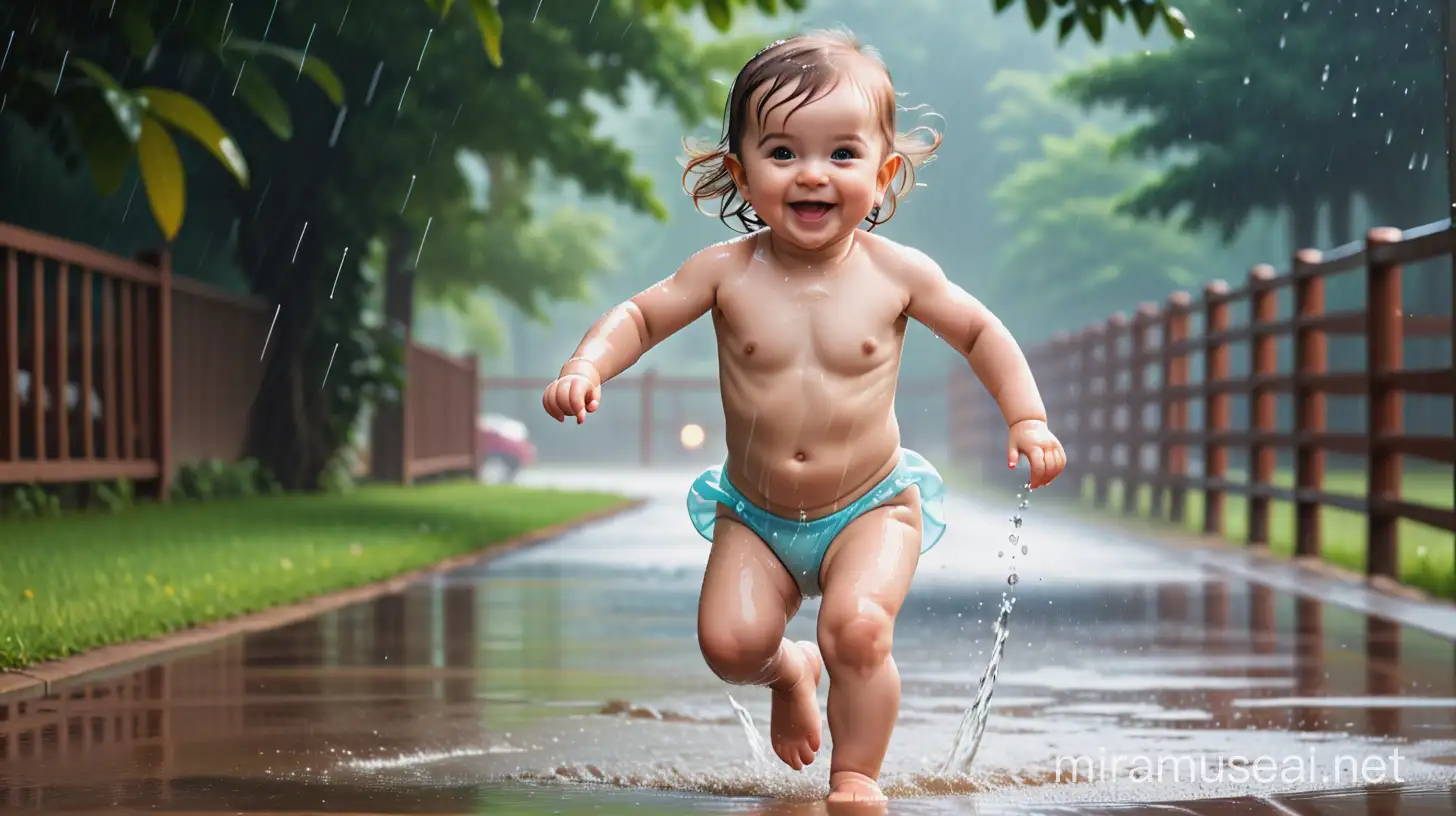 Happy baby girl running in raining water without shirt 