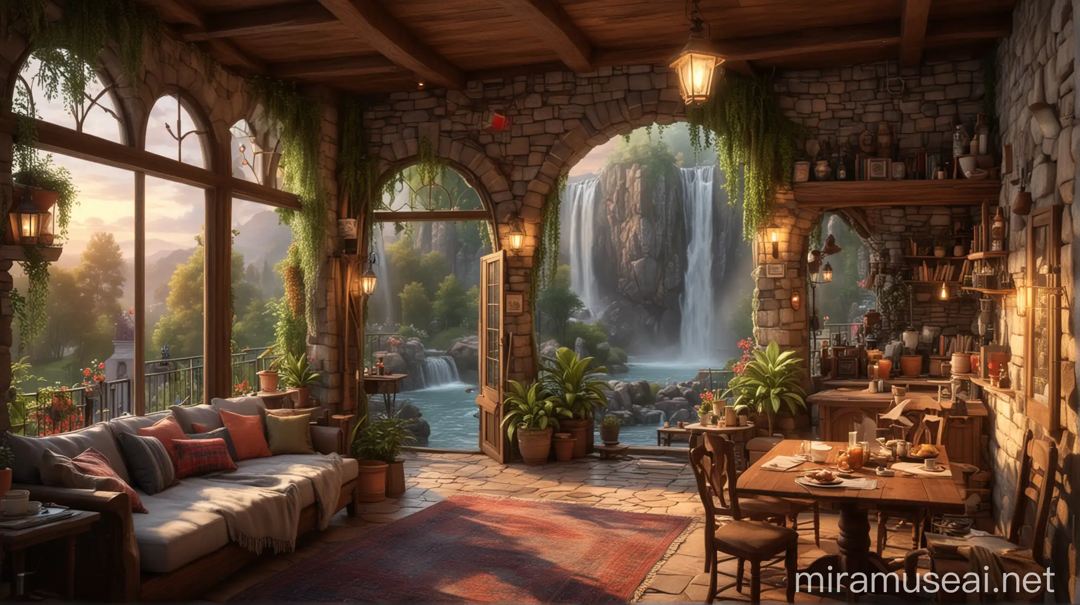 a living room with a waterfall and a waterfall waterfall waterfall waterfall waterfall waterfall waterfall waterfall, cozy place, beautiful terrace, soothing and cozy landscape, cozy and peaceful atmosphere, cozy atmosphere, cosy enchanted scene, cozy setting, cozy home background, inspired by Evgeny Lushpin, beautiful ambiance, cozy castle atmospheric, picture of a loft in morning, cozy environment, relaxing environment, serene evening atmosphere, fantasy matte painting，cute, all in the amazing outdoors view, cozy cafe background, dream scenery art, thomas kinkade. cute cozy room
