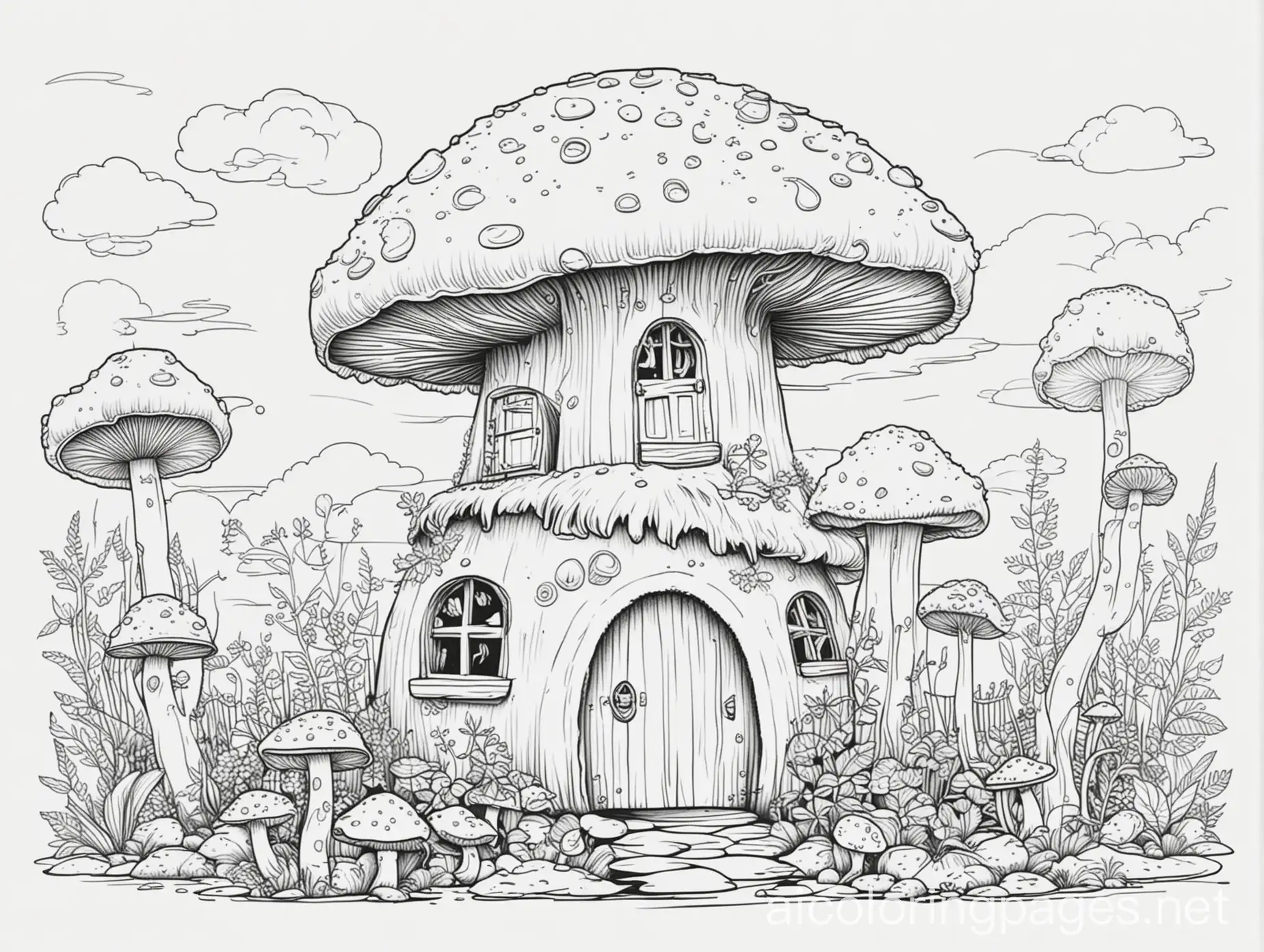 Mushroom house , Coloring Page, black and white, line art, white background, Simplicity, Ample White Space. The background of the coloring page is plain white to make it easy for young children to color within the lines. The outlines of all the subjects are easy to distinguish, making it simple for kids to color without too much difficulty