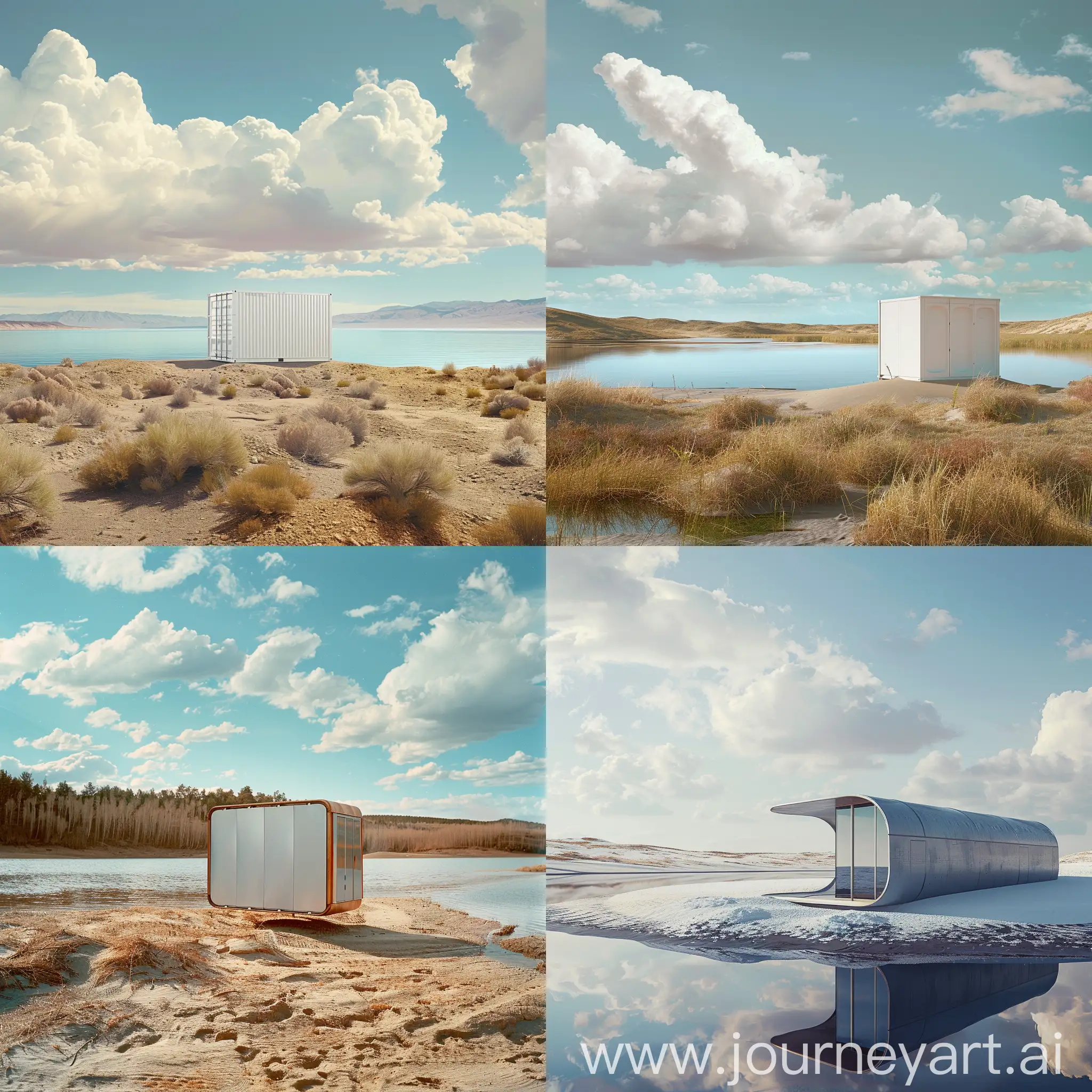 energy storage container, sands, sky, lake