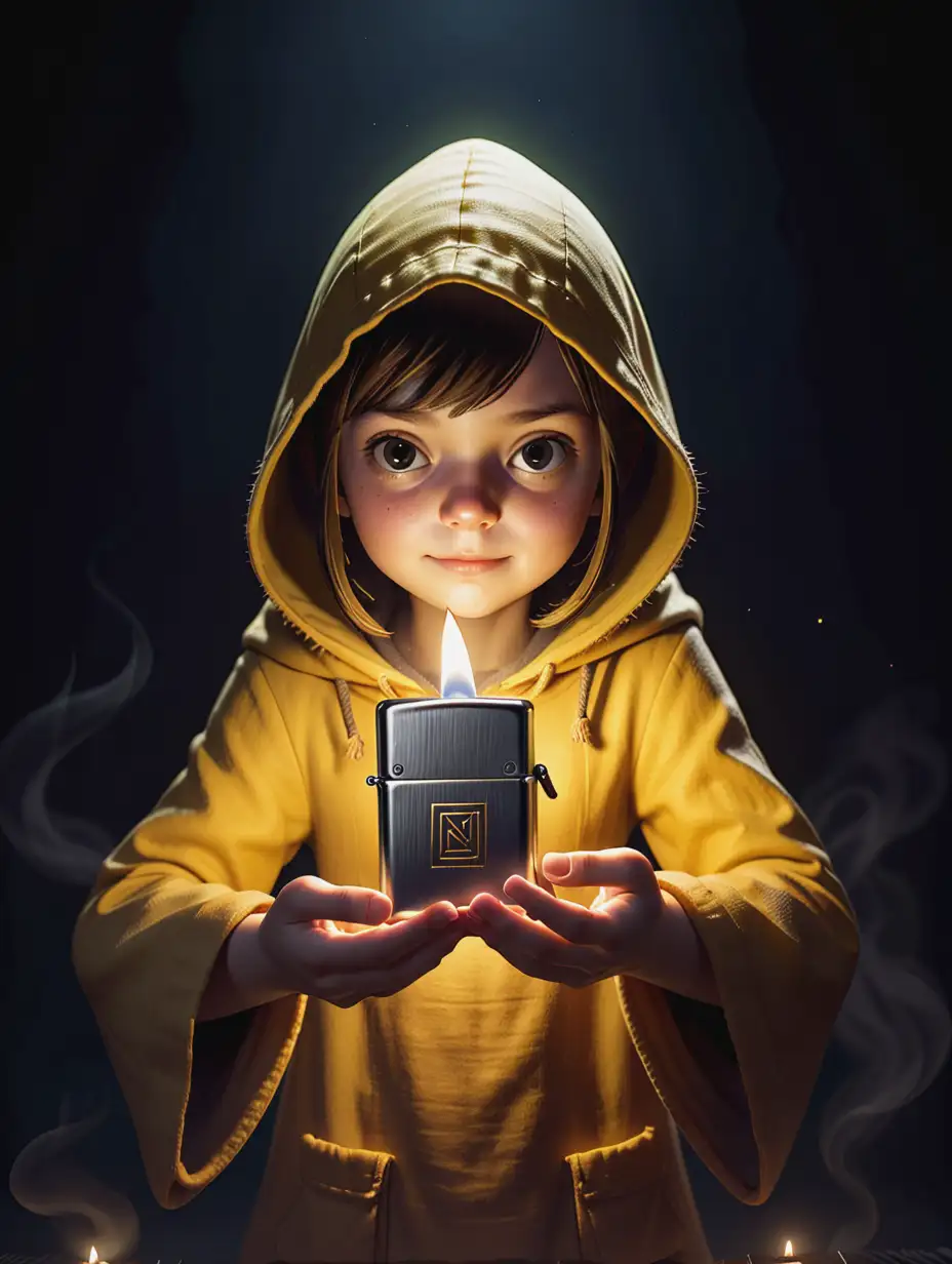 Six from little nightmares inspired, holding lit zippo up in complete darknesss