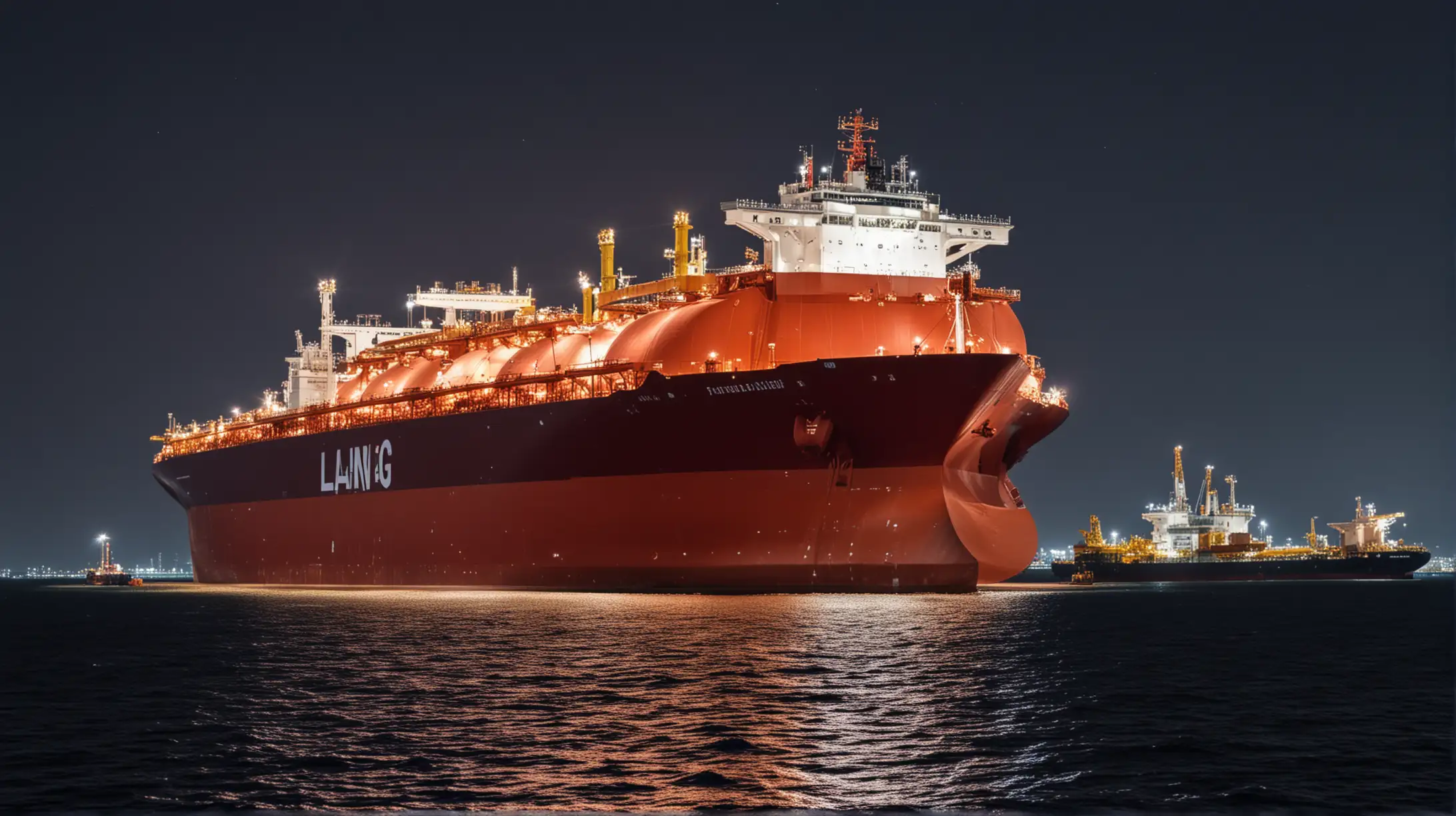 Massive Red LNG Ship at Night with Oil Barrels