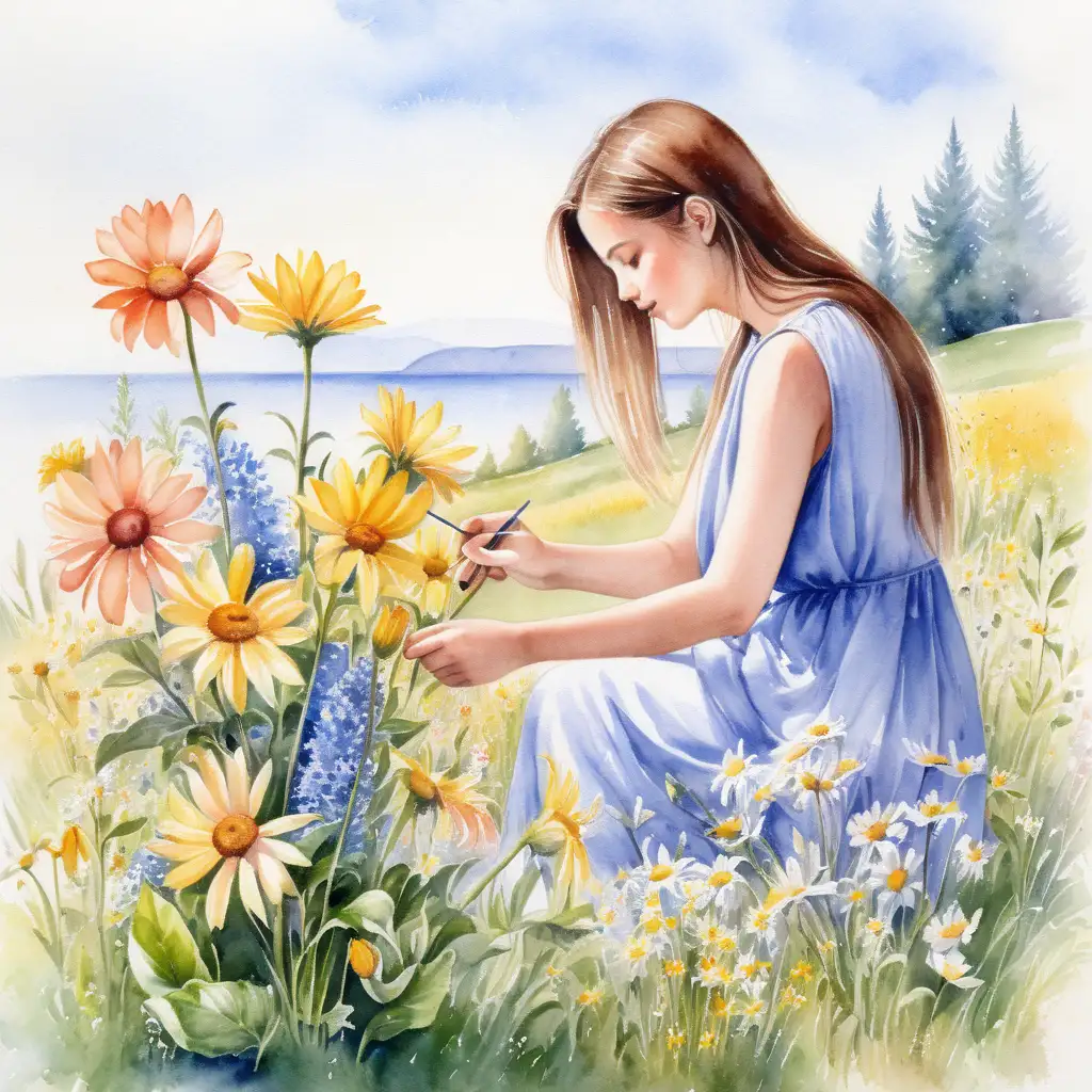 Young Woman Watercolor Painting Summer Flower Picking