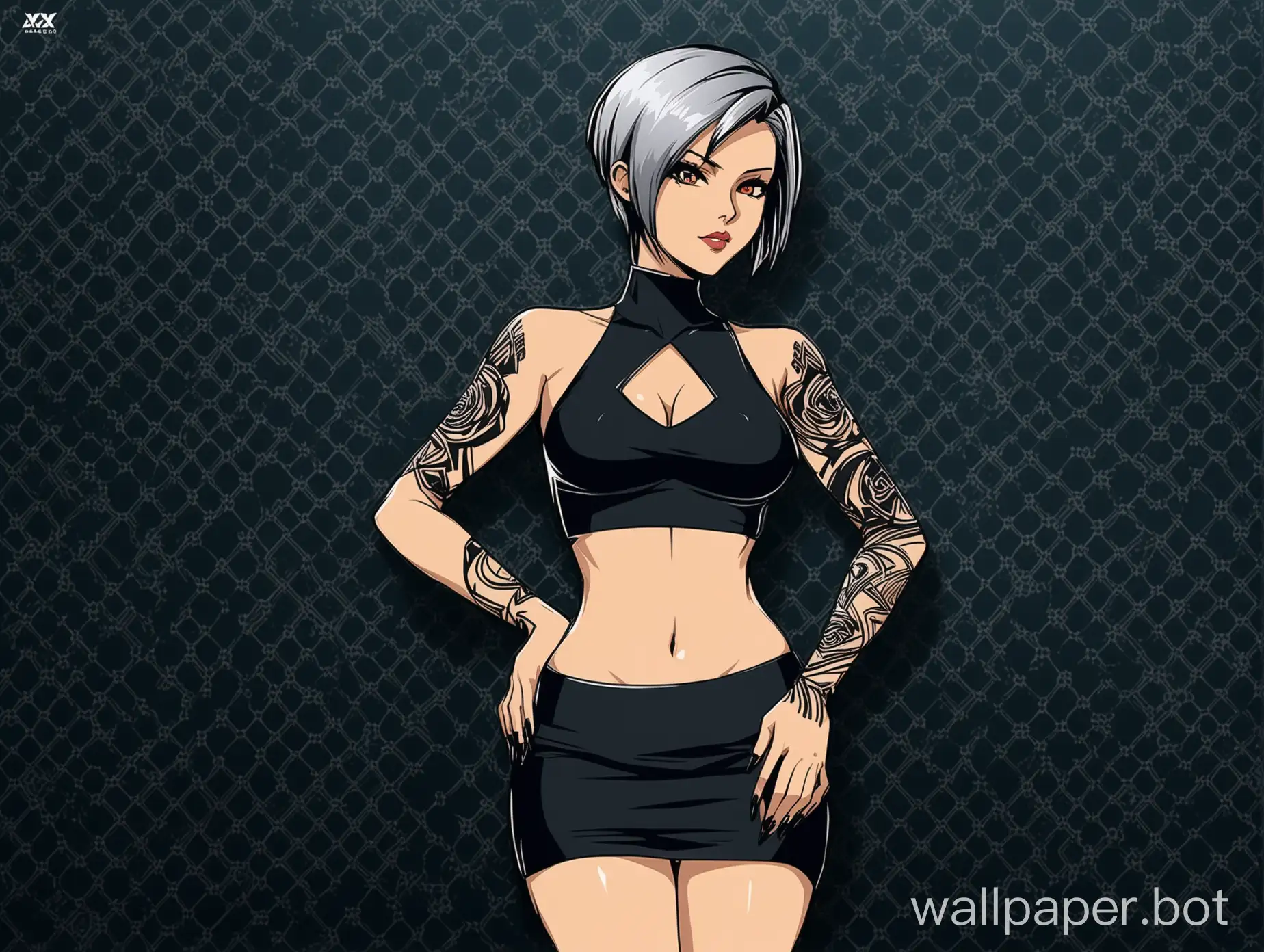 Design a captivating wallpaper featuring a sultry anime female character with a short silver hairstyle similar to Ruby Rose's character in 'XXX Return of Xander Cage'. The character should exude confidence and charisma, with a seductive yet edgy look that reflects her personality. Her silver short hairstyle should be sleek and modern, adding to her bold and dynamic appearance. Dress her in a fitted crop top with strategic cut-outs that accentuate her curvy physique, paired with a sleek bodycon skirt that hugs her figure. Enhance her sexiness with subtle yet alluring poses and expressions. Incorporate elements of Arch Linux, such as the logo or color scheme, into the background or accessories to give the wallpaper a tech-inspired edge. The background should be monochromatic, clean, and mineralistic, with subtle textures to add depth and interest while maintaining a minimalist aesthetic.