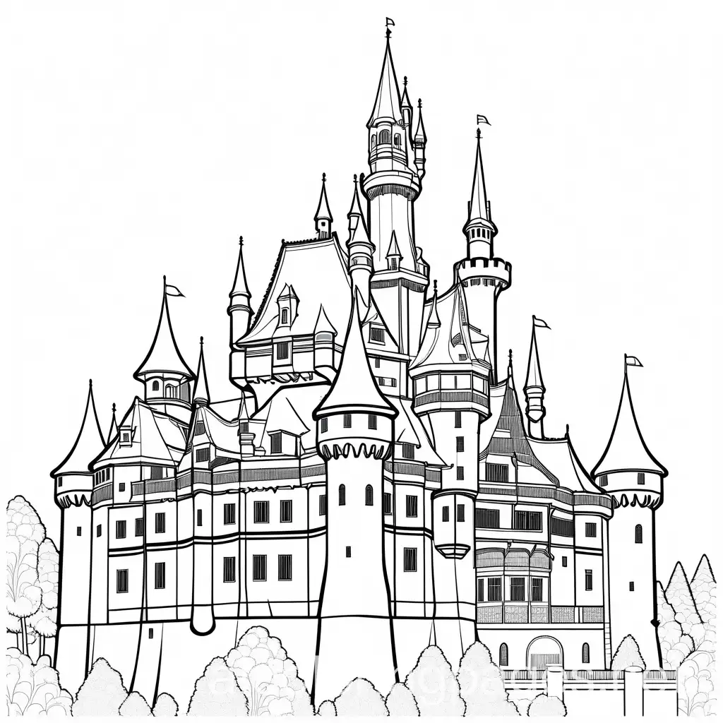 A German castle, Coloring Page, black and white, line art, white background, Simplicity, Ample White Space. The background of the coloring page is plain white to make it easy for young children to color within the lines. The outlines of all the subjects are easy to distinguish, making it simple for kids to color without too much difficulty