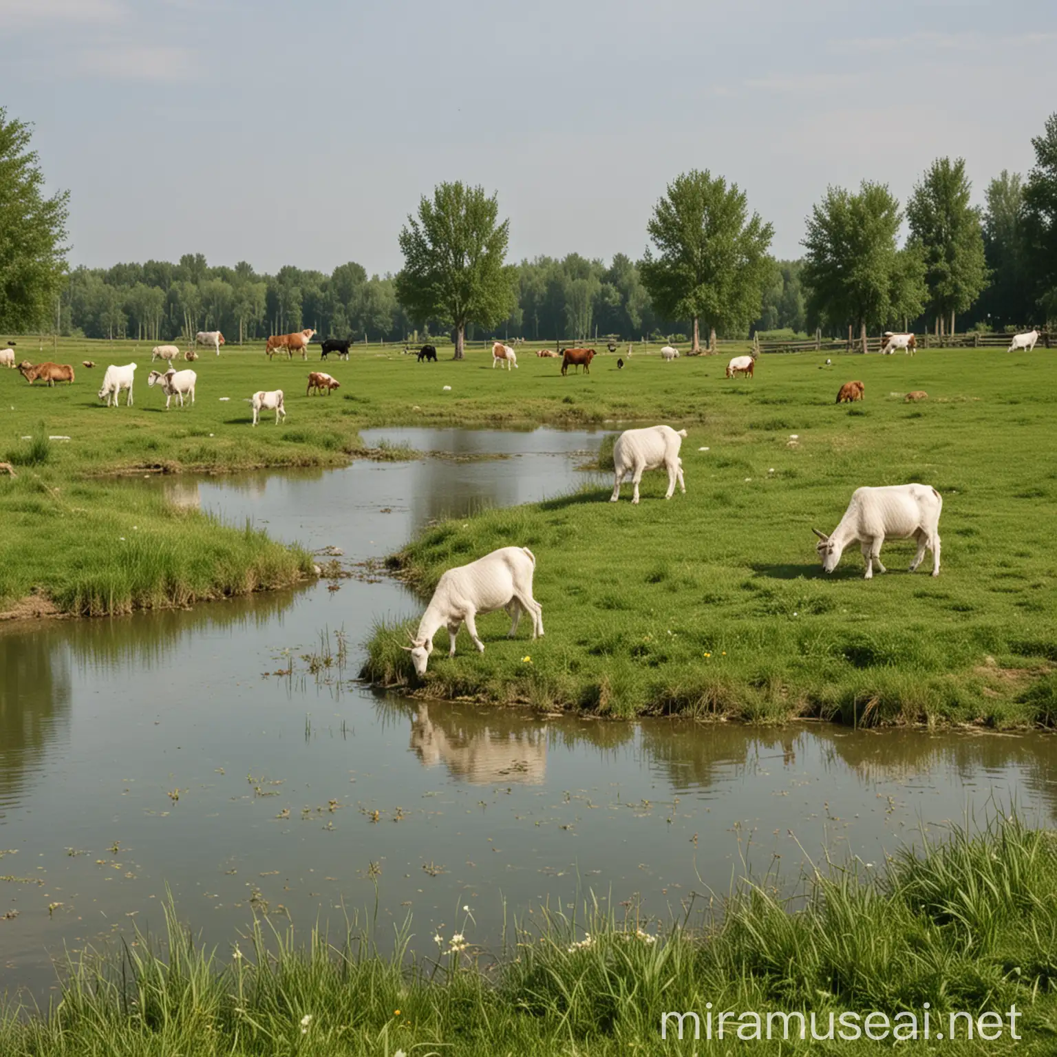 козы, коровы пасутся на пастбище у пруда фотография
