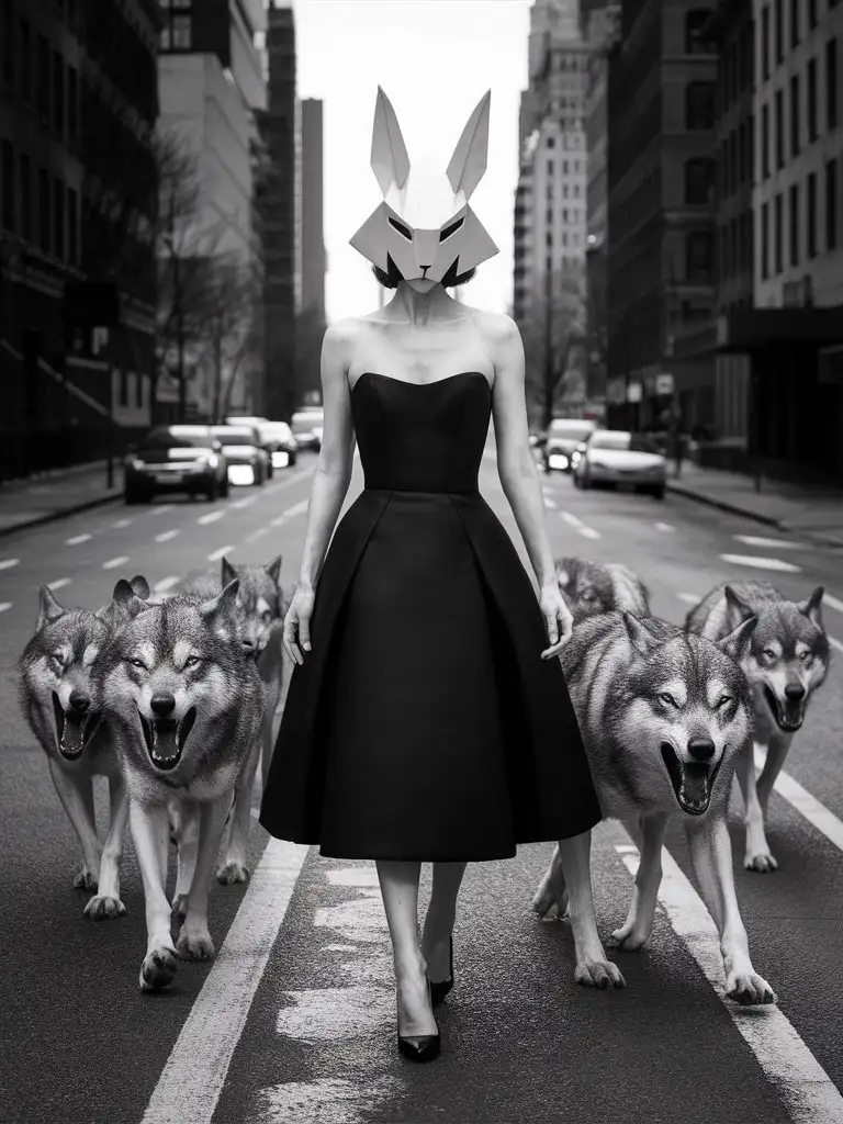 portrait of a woman in a Origami white rabbit mask, a black short dress, surrounded by few frightened wolves, on an empty street in New York City in the style of photographer Helmut Newton, black and white