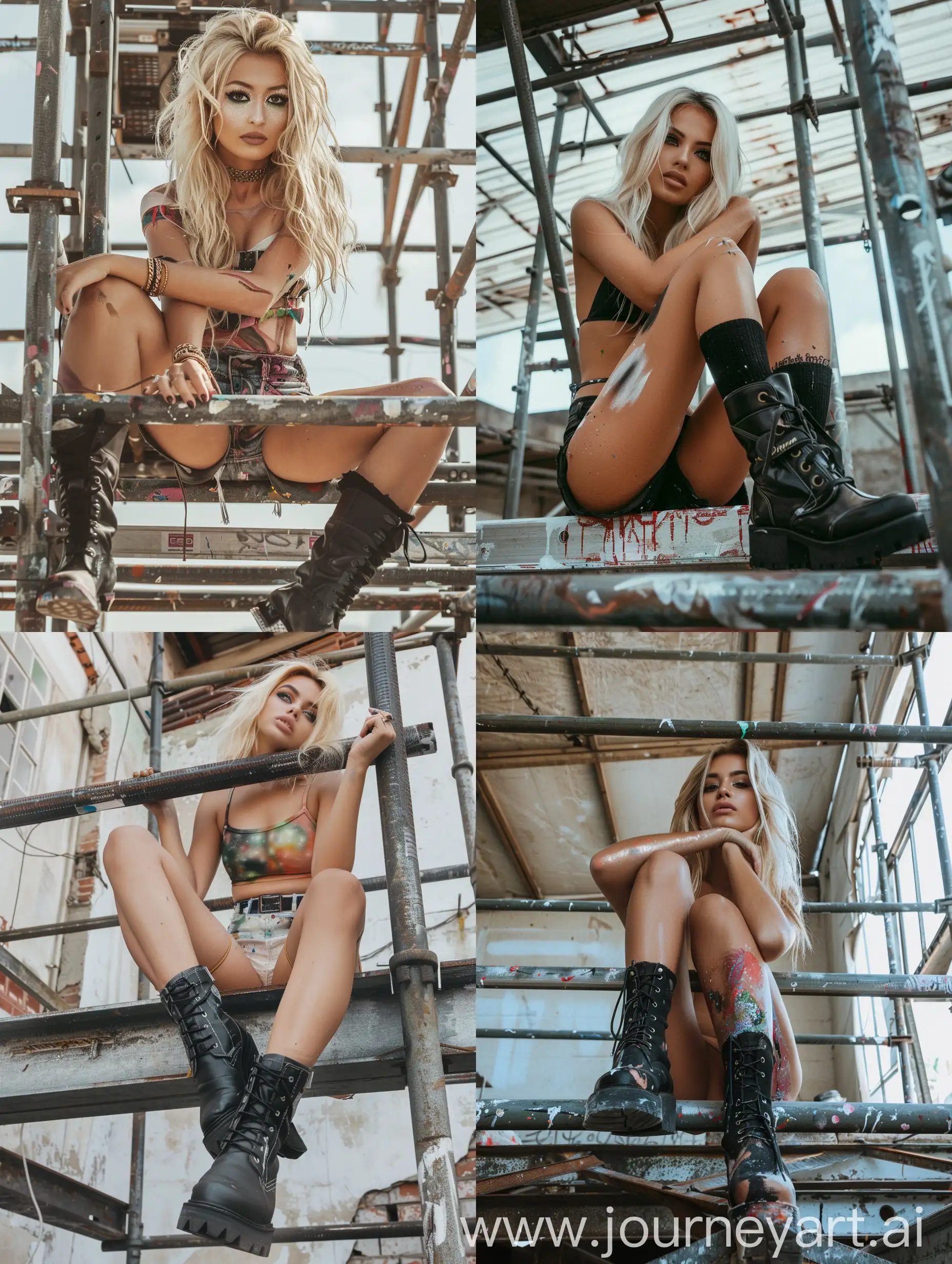 a blonde young brazilian woman, influencer, beauty, body painting, makeup,, , little fat, black boots, ,sitting, half chubby, thick legs, socks and boots, 4k, , is working on a steel scaffold under construction