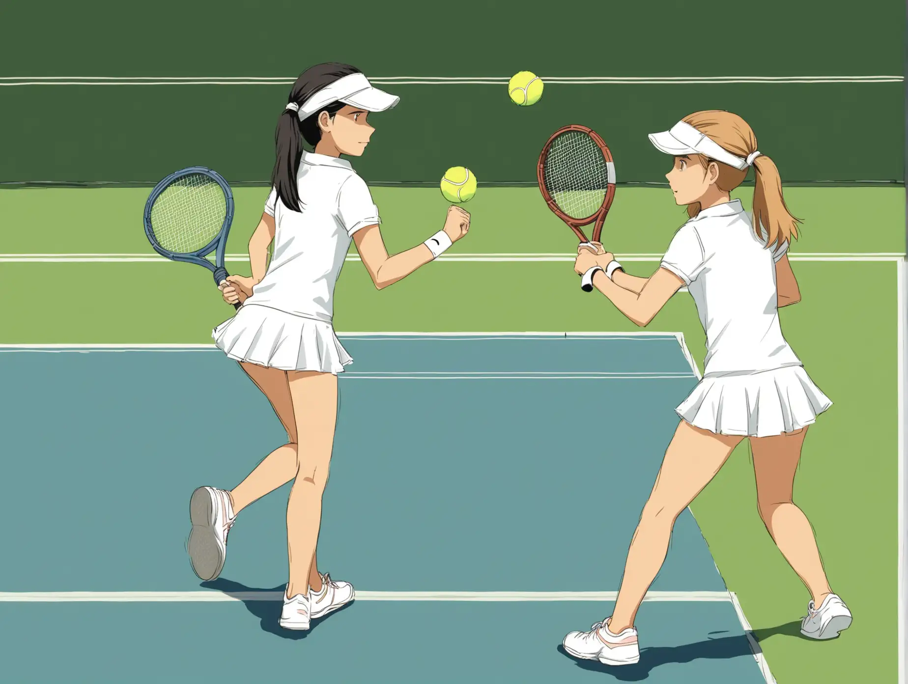 Two Girls Playing Tennis Match in Competitive Sport Scene