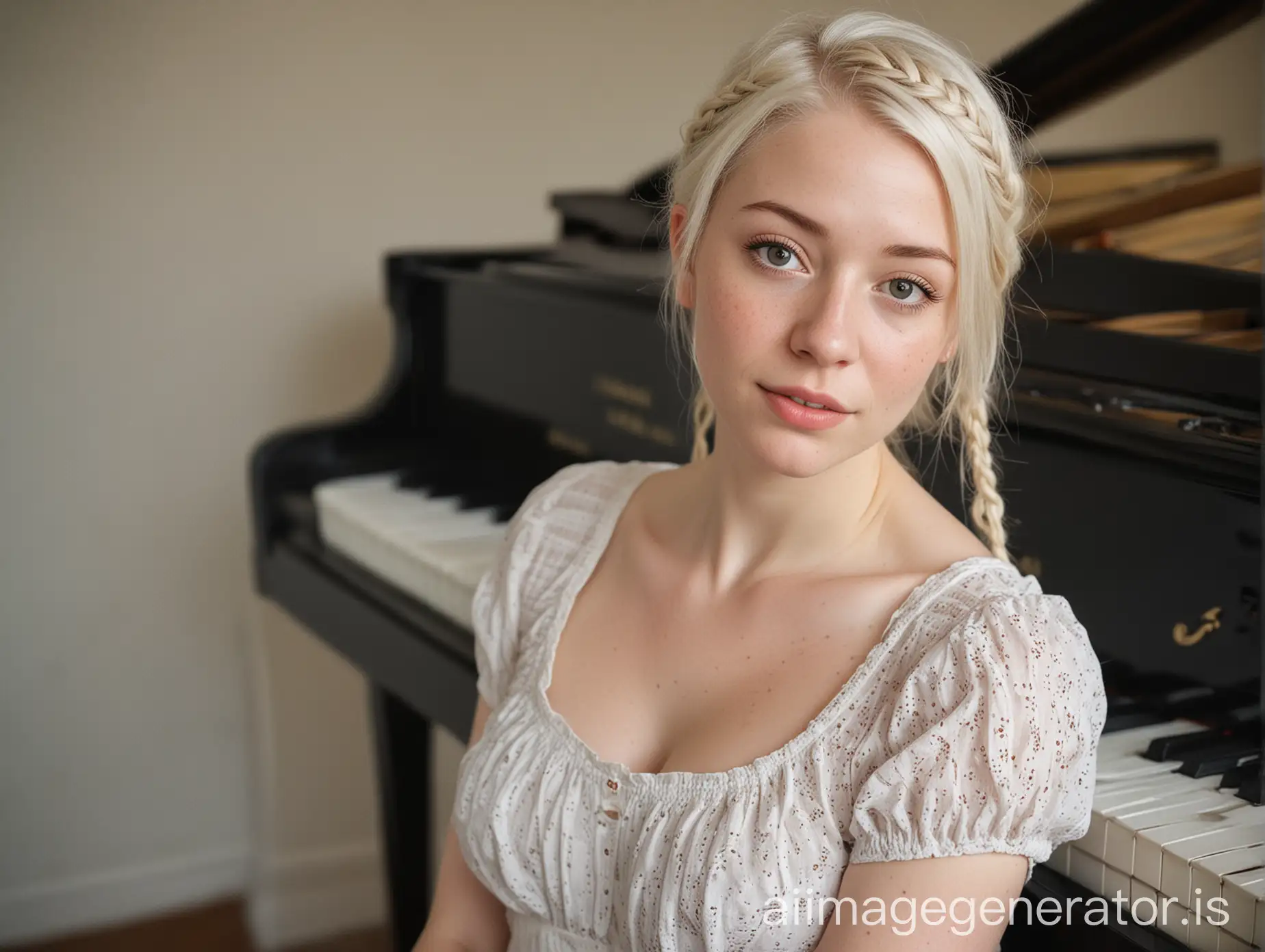 portrait photo of cute slender blondie womanl, 36 years old, pale fair skin, body freckles, white short hair with braids, big breast, doting, pleasant face, hasselblad photography, playing piano, masterpiece, best quality, Fujifilm