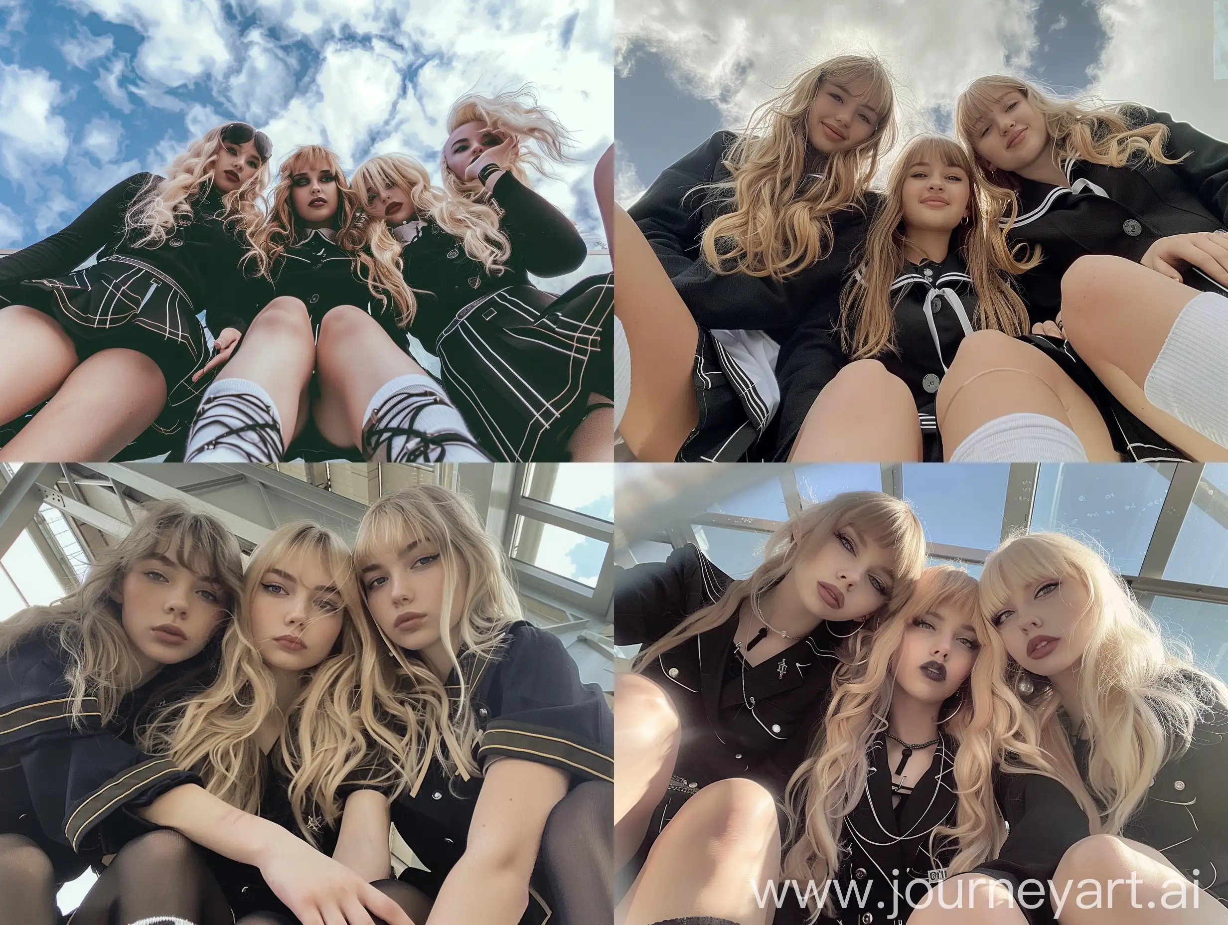 Three-Influencers-in-Black-School-Uniforms-Taking-Natural-Sky-View-Selfies