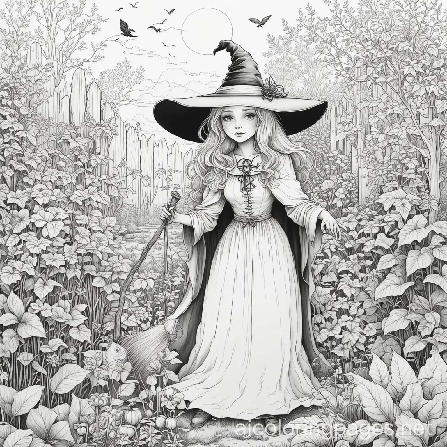 witch in a garden, Coloring Page, black and white, line art, white background, Simplicity, Ample White Space. The background of the coloring page is plain white to make it easy for young children to color within the lines. The outlines of all the subjects are easy to distinguish, making it simple for kids to color without too much difficulty