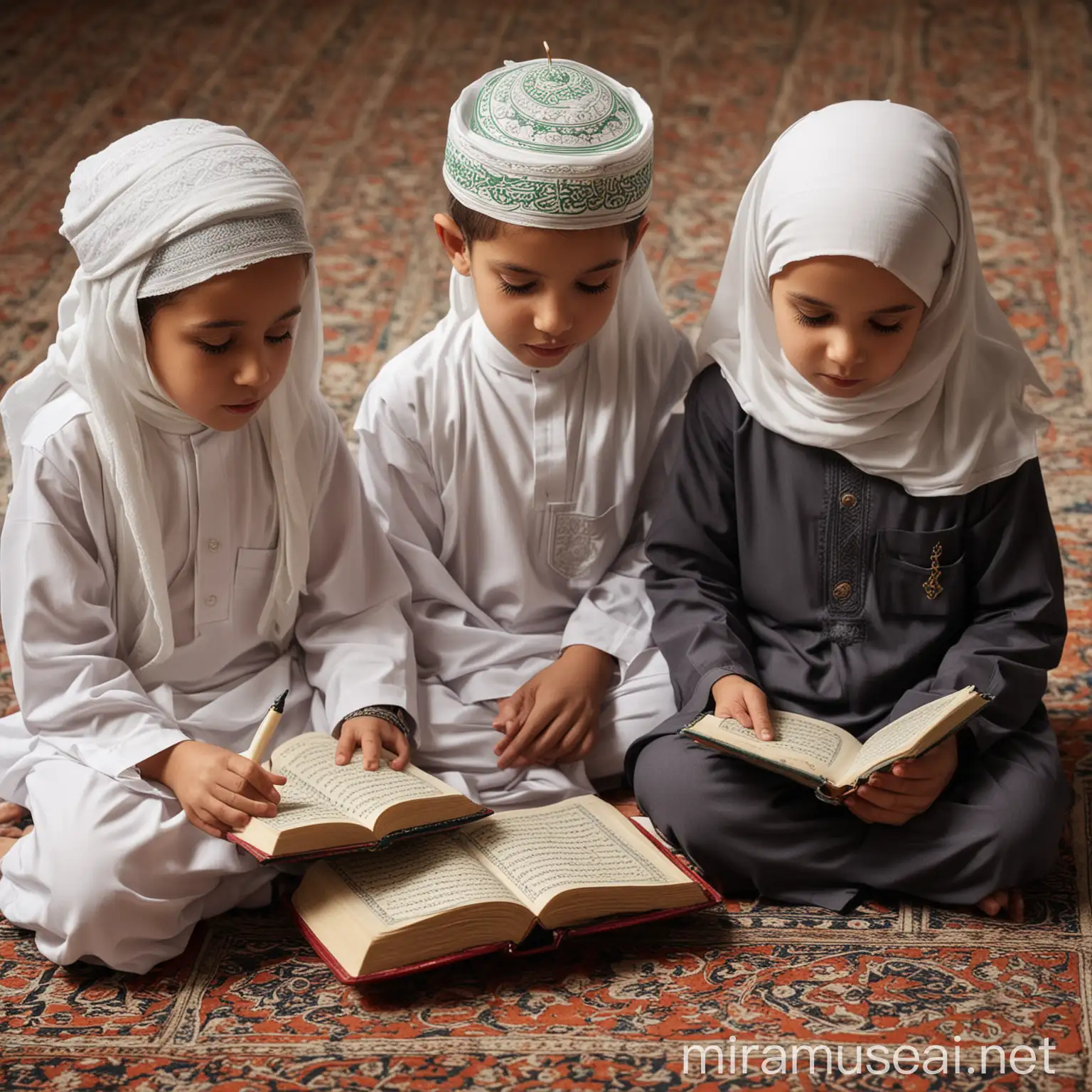 Muslim Children Reading Quran Together in Devotion