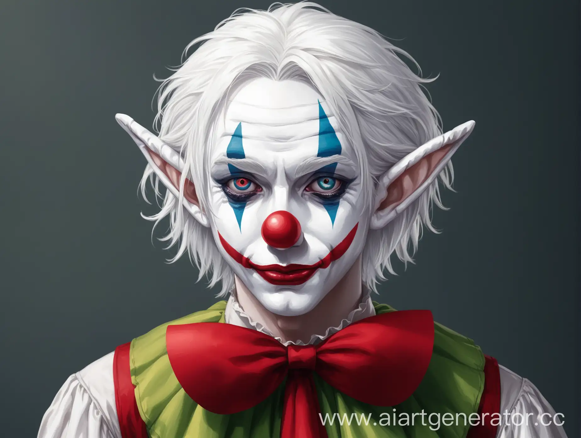 A guy with white skin, white hair and elf ears in a clown costume