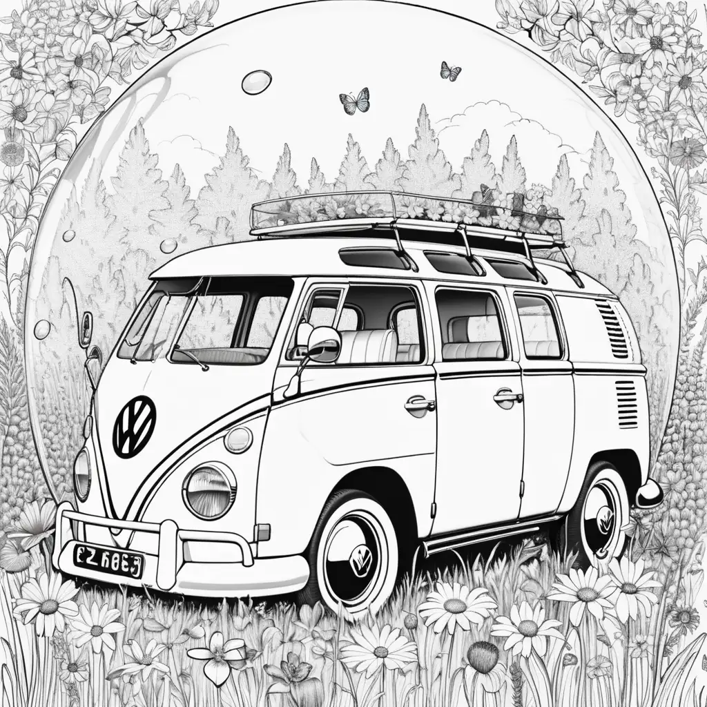 VW Bubble Car in Summer Meadow with Flowers