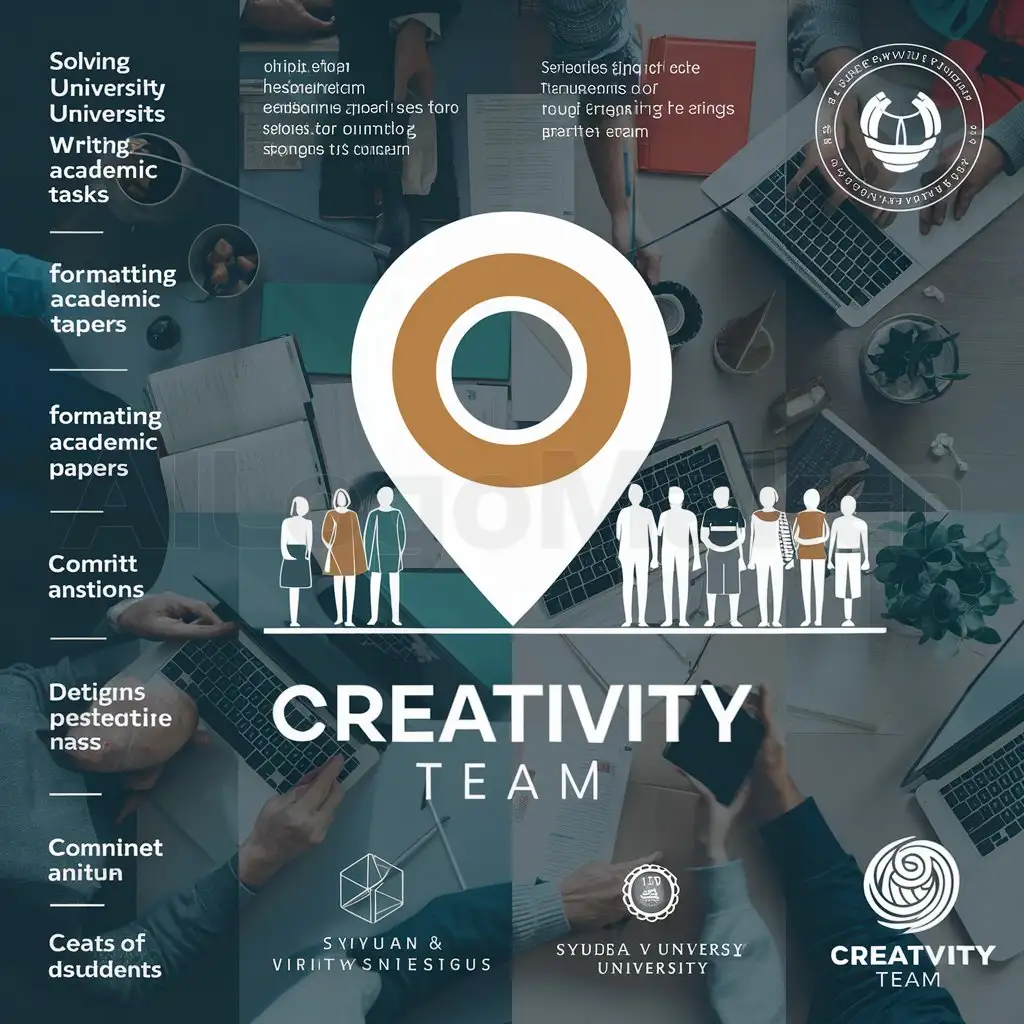 a logo design,with the text "Creativity Team", main symbol:📌Our dear studentsnThe creative team welcomes you 🙋‍♂️nOur team offers all services for students of the Syrian Virtual University and students around the world 🌍nThe services we offer are:n📙📚📔📓📒📕📖📃n1- Solving university tasks (jobs-projects-designing lessons ...etc) 📃n2- Writing and preparing master's and doctoral theses📖 n3- Formatting academic papers 📜n4- Designing and formatting PowerPoint presentations and Word documents 🖱🖥💻n5- Content analysis 📉📈n6- Formatting academic papers 📝n7- Checking content and measuring citation rates 🔍n8- Registering on the Syrian Virtual University platform with following up with the student until graduation 💻,Moderate,be used in writing industry,clear background