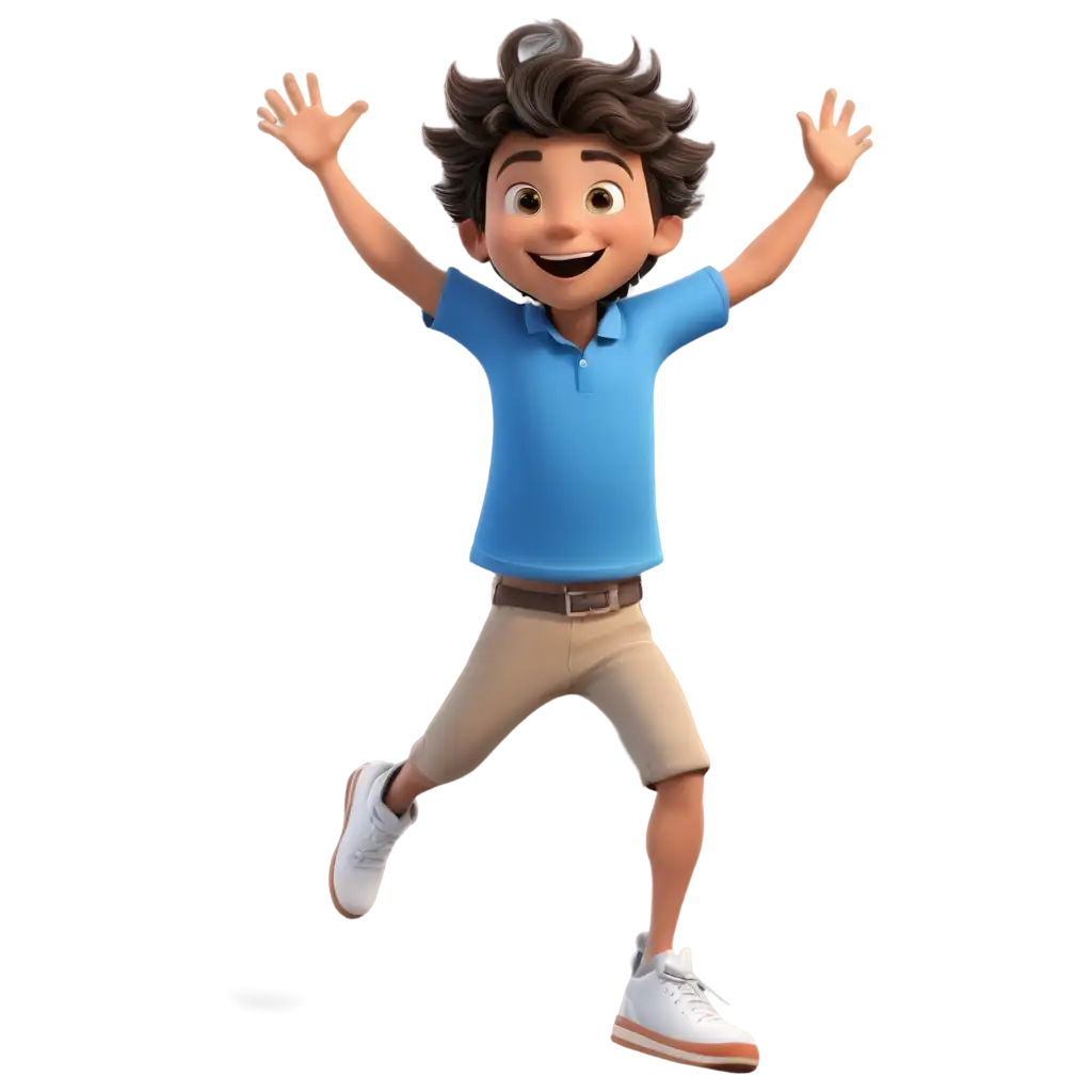cartoon image of a jumping short
happy boy. wearing blue t shirl and pants coton clothes 
The image is flawless and high resolution