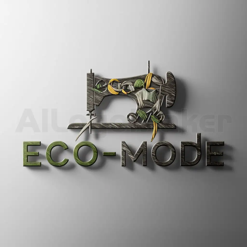a logo design,with the text "eco-mode", main symbol:I need a sewing machine that contains clothing and recyclable materials,Moderate,clear background