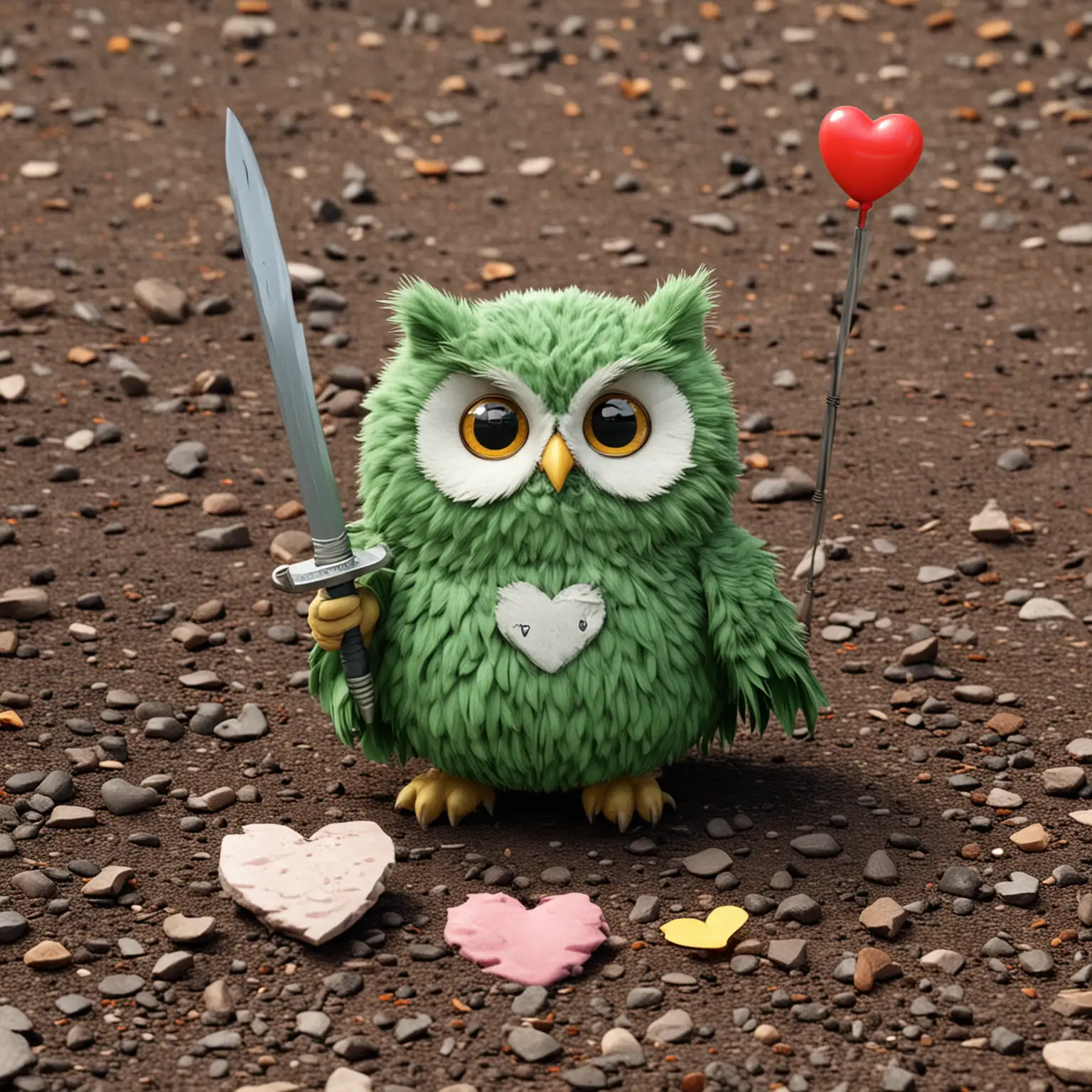 round round's, cute owl cat, feather has heart pattern, emoticon, cartoon, extremely simple, a green owl cat inserted sword into ground