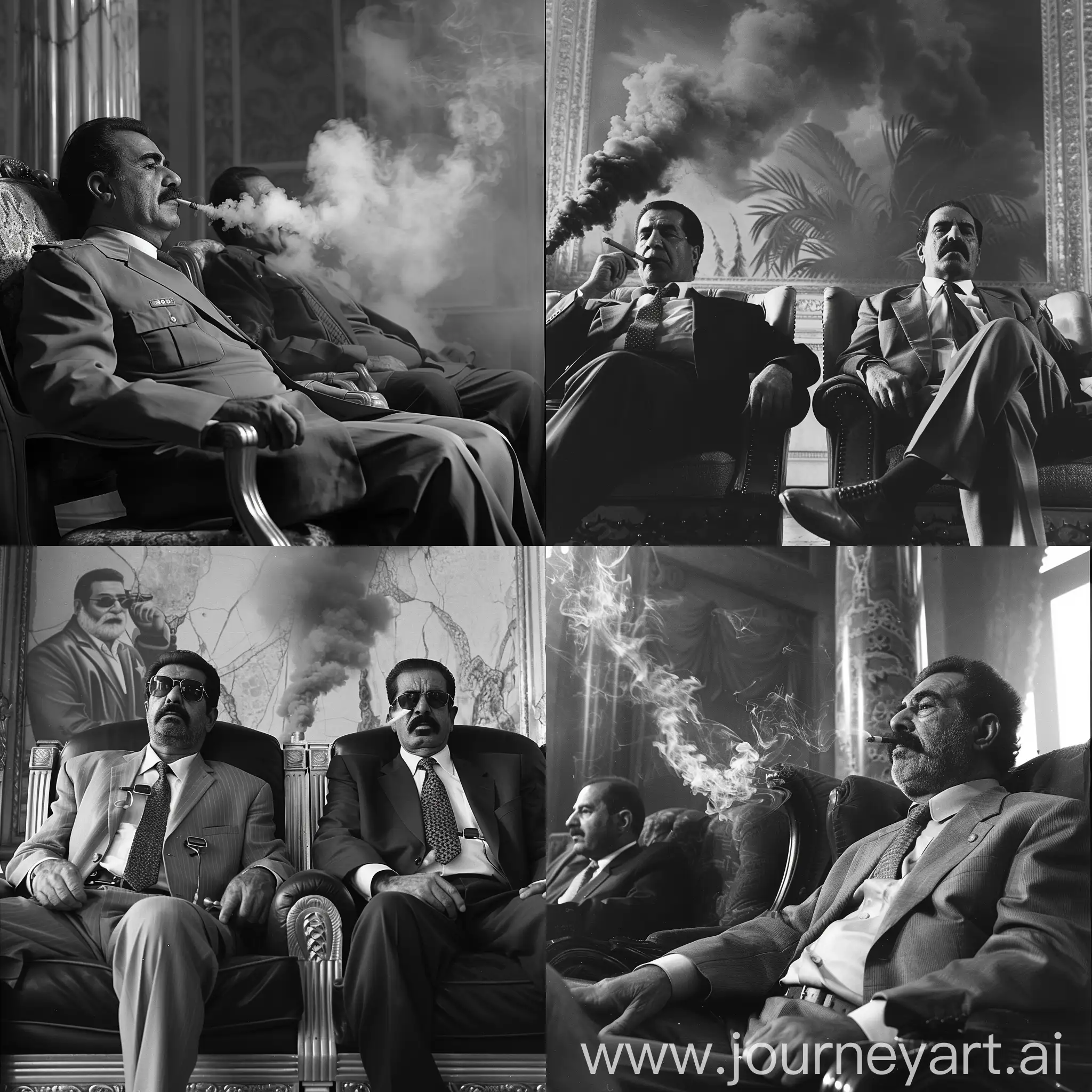 Saddam Hussein sits in a presidential chair with another person and they smoke Old black and white photo, pfp