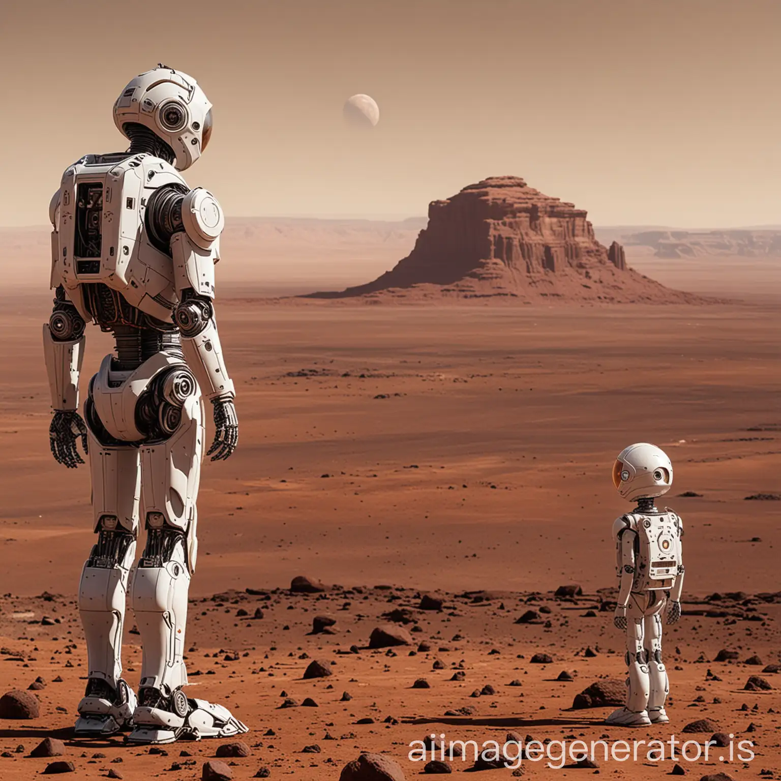 a distinct robot with a human watching earth together from mars.