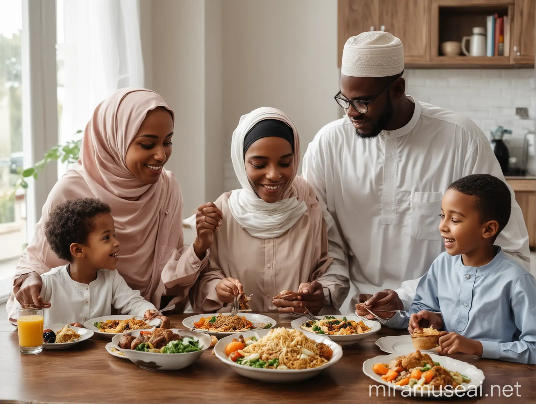 Black Muslim Family Enjoying Homecooked Meal Together