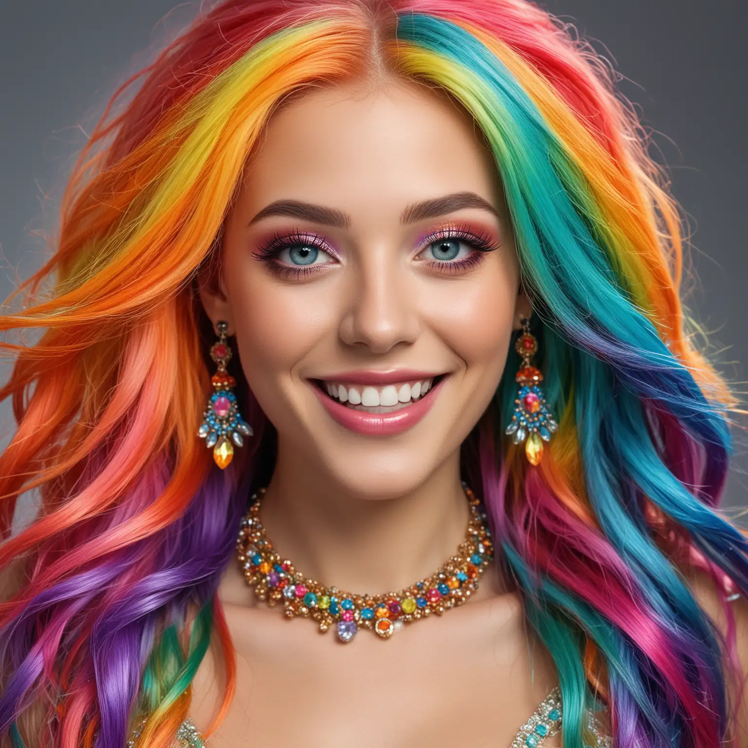 Radiant Rainbow Princess Portrait Playful Woman with Vibrant Multicolored Hair and Joyful Smile